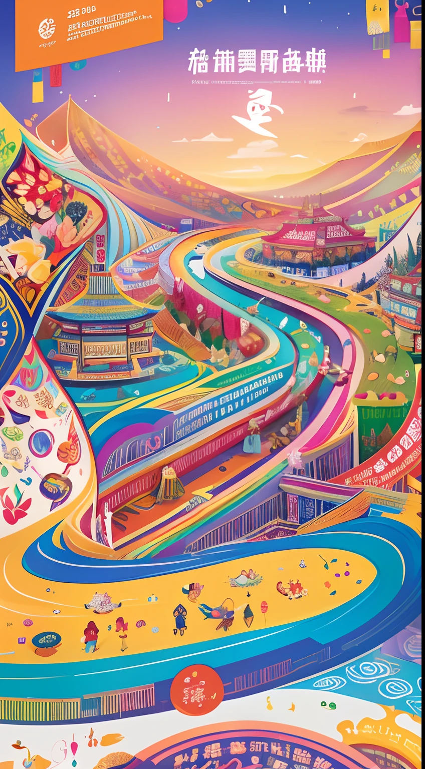 Rich and colorful Yunnan food culture、traditionalcostumes、Unique architecture、Ethnic motifs、Dynamic traffic、Vibrant colors、exquisite detailing、high-resolution illustrations、textures true to reality、Linear poster illustration style with ethereal lighting，Linear flat poster