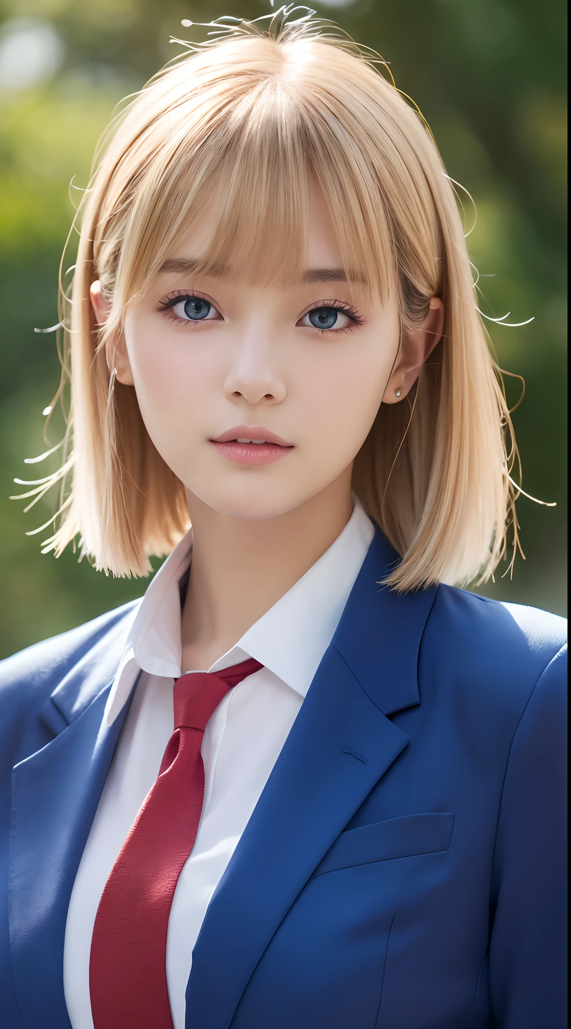 masutepiece,Best Quality,Ultra-detailed,finely detail,hight resolution,in 8K,((Photorealsitic:1.4,Raw photography,超A high resolution,Top image quality:1.4)),masutepiece、Best Quality、 ultra-detailliert、hight resolution、8K Wallpapers、Perfect dynamic composition,、Beautiful detailed eyes、(Beautiful breasts:1.1) 、Blue Blazer、white shirt、red necktie、1girl in、a beauty girl、Blonde head hair、short-cut、Hide the left eye with bangs、Crimson eyes、