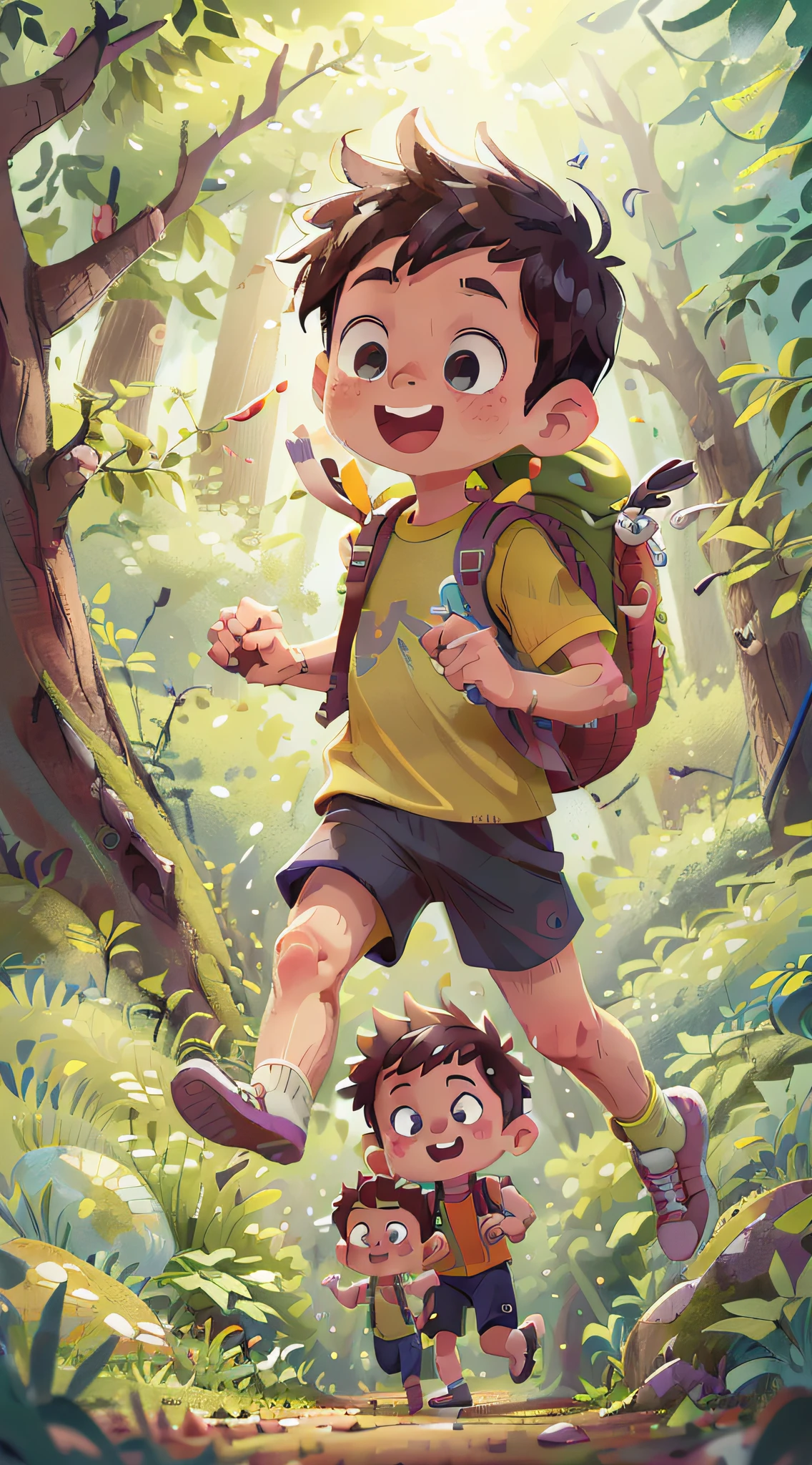 (SFW), two running boys, spring outing, happy, backpack on back, little car toy in hand, forest in the background, perfect quality, clear focus, colorful, perfect face, intricate details, ultra-low viewing, hapy face,