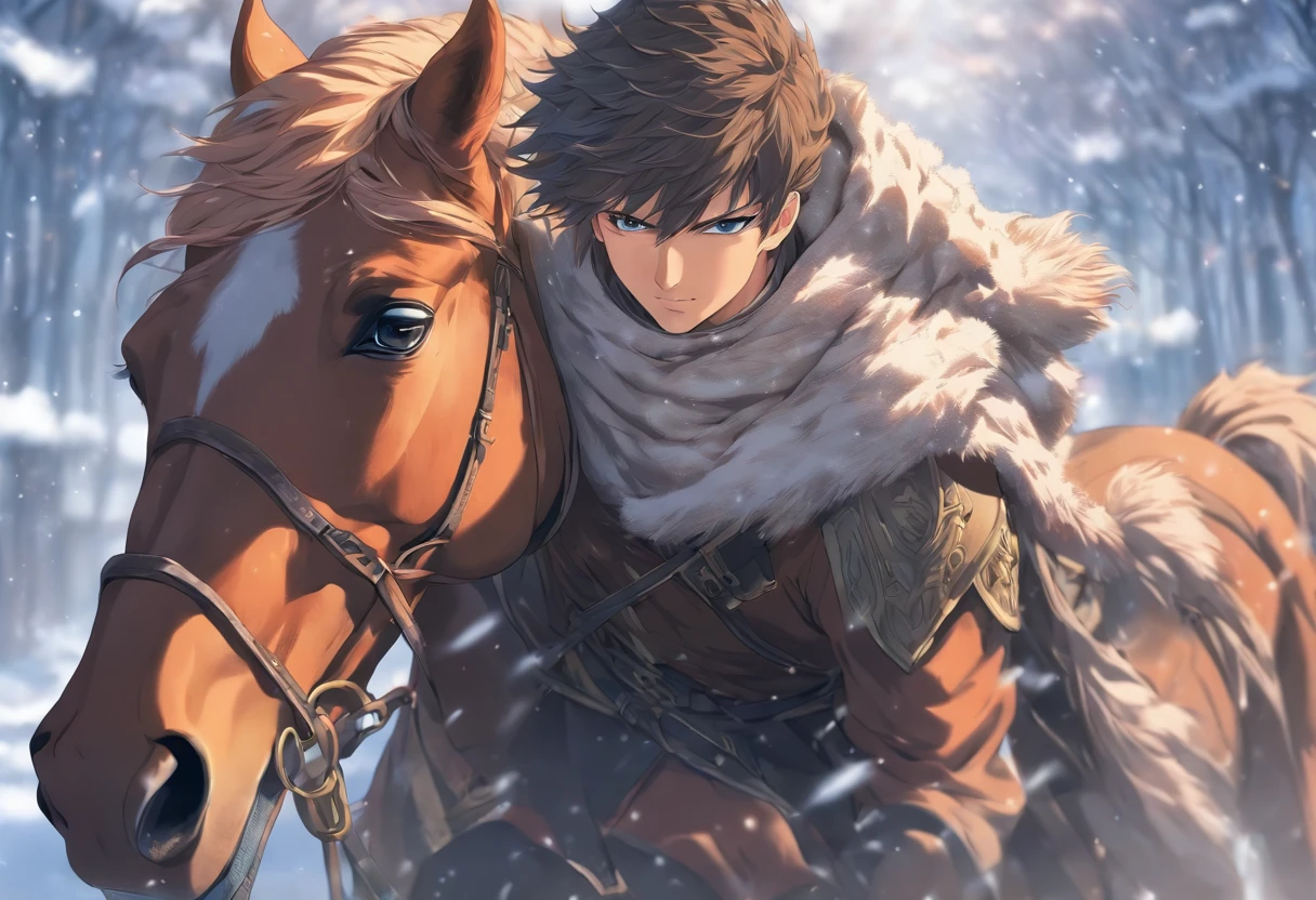 A young man rides a horse in the snow, Hot, Cute, high-quality face