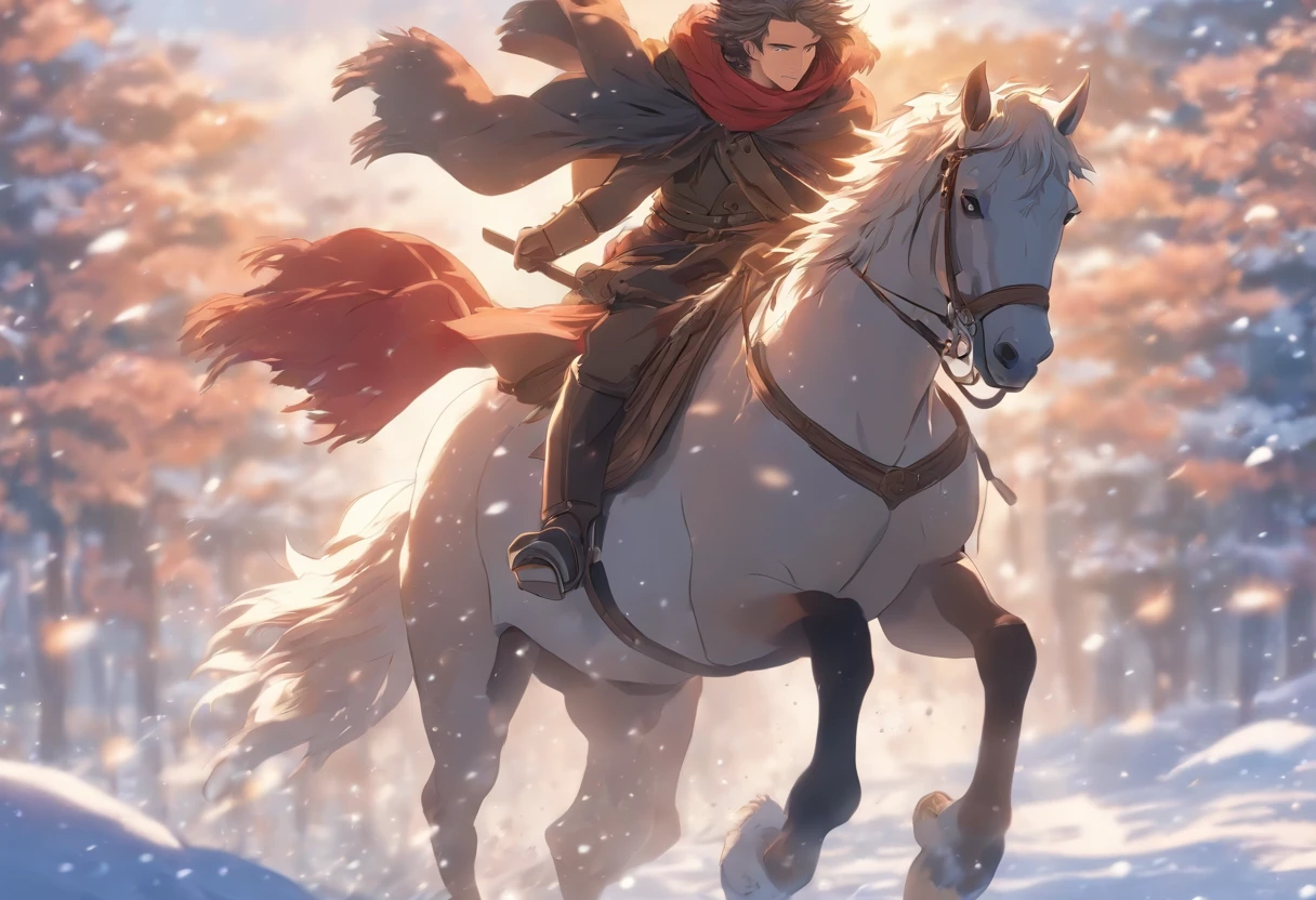 A young man rides a horse in the snow, Hot, Cute, high-quality face
