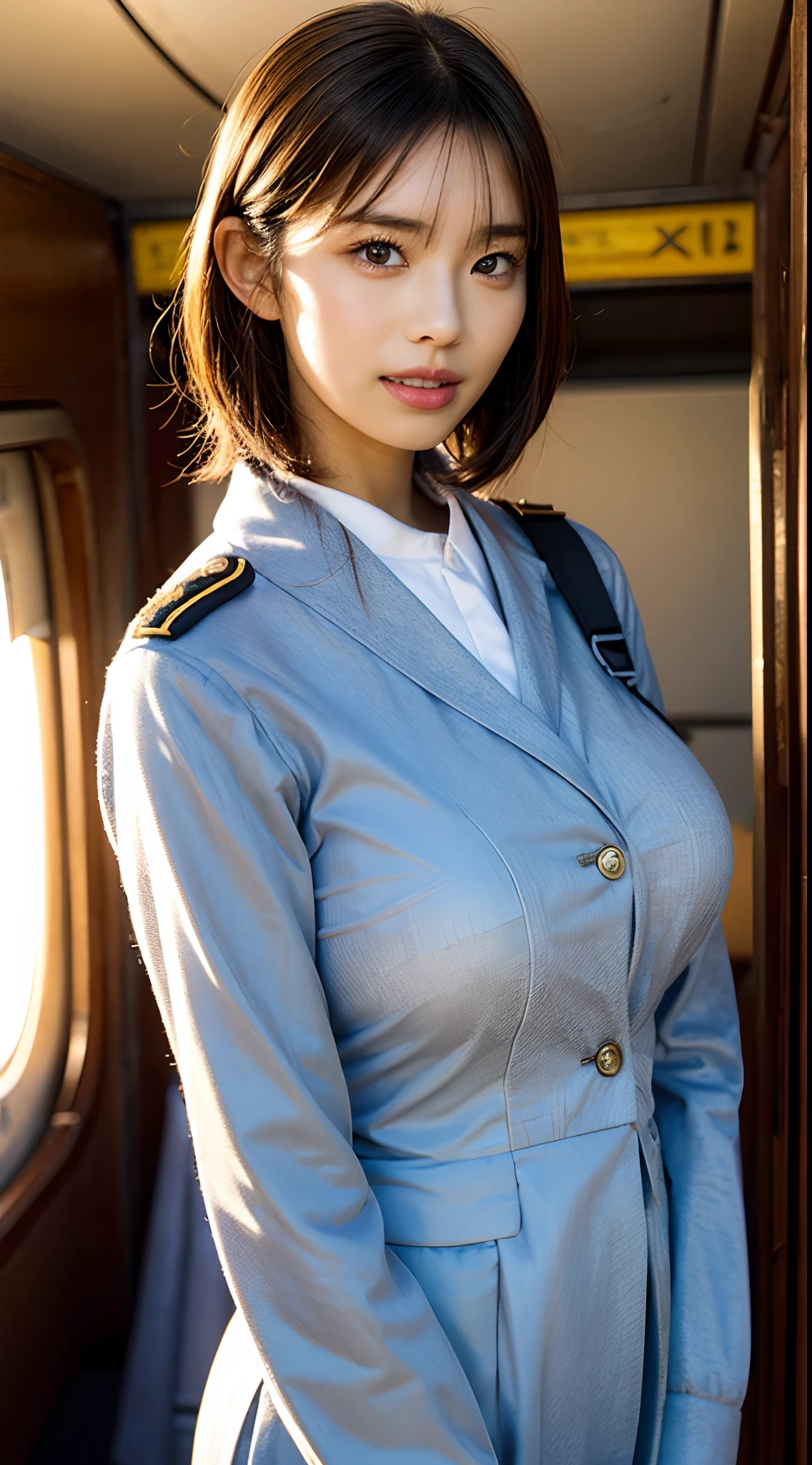 (1 Ultimate Beautiful Mature Woman), Solo, (Cabin Attendant Uniform:1.3), Smile, (fluffy brown eyes), (Beautiful face), (Black short hair), (Huge breasts:1.3), (Detailed face), Detailed lips, Detailed face, Detailed chest, detail, Perfect body, Standing, Cowboy Shot, ((Background: in an Japanese airline)), 8K, of the highest quality, Intricate details, Ultra Detail, Ultra High Resolution, masterpiece,