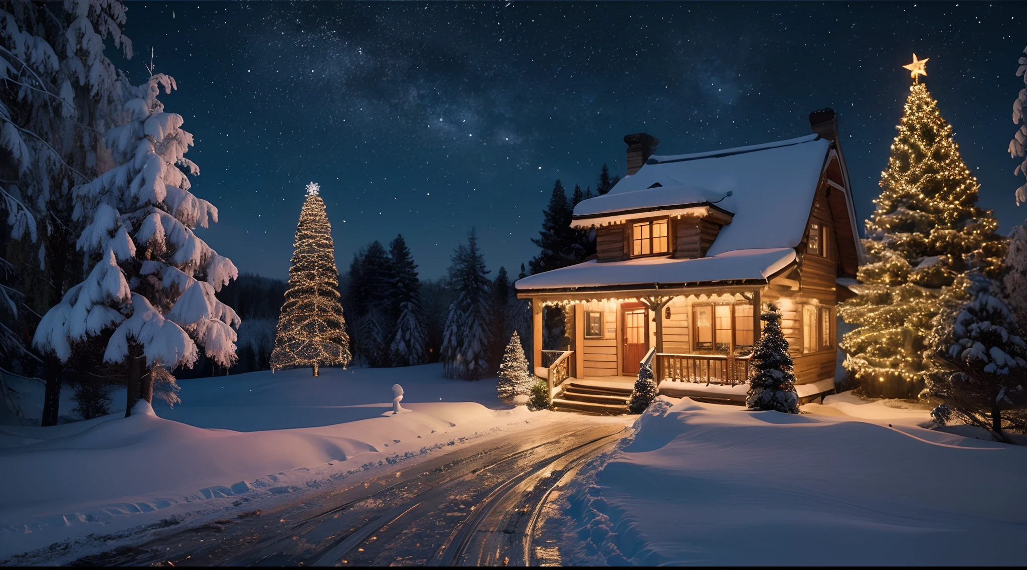 You are a professional concept artist，The painting depicts a Christmas night，An elaborate Christmas cottage facing the camera has an elaborate gate，In the silence of the night，There was a warm orange light in the cabin，Warm, romantic and beautiful，With oriental aesthetics。in white and blue，realistic detail