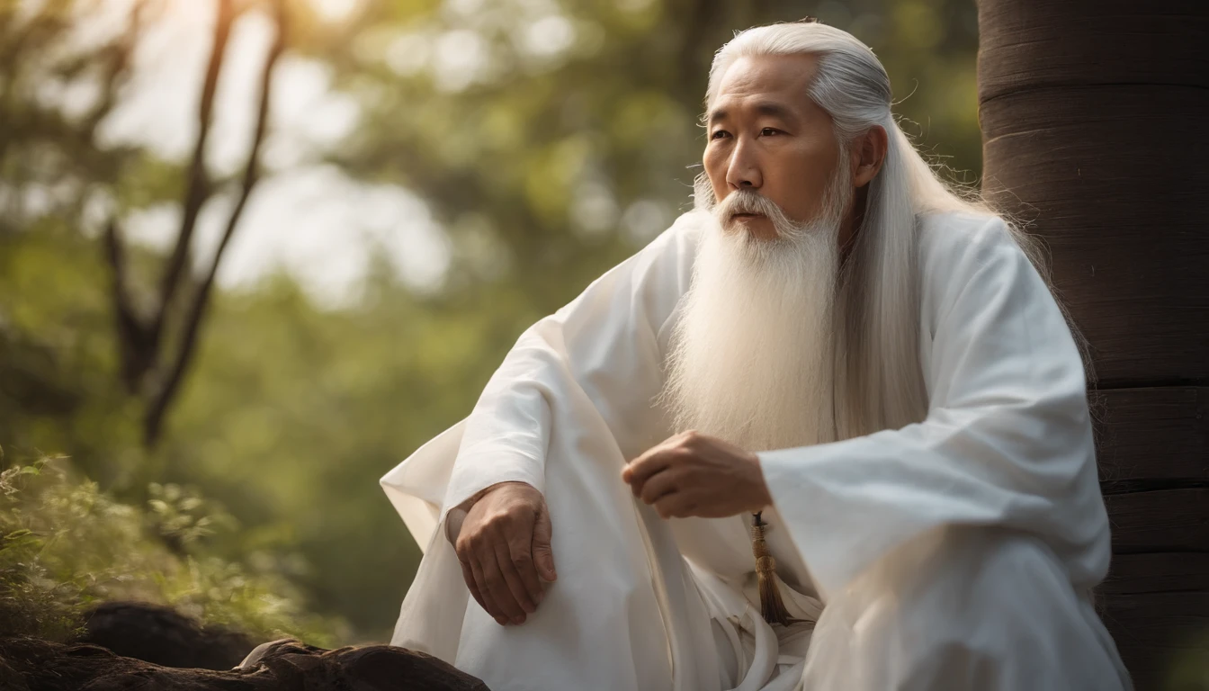 30-year-old middle-aged Asian Taoist priest，long  white hair，There is a white beard，Daoism,Wear a white robe，white sash，Taoist master,Taoist，Magnificent momentum，at centre，Face the lens，