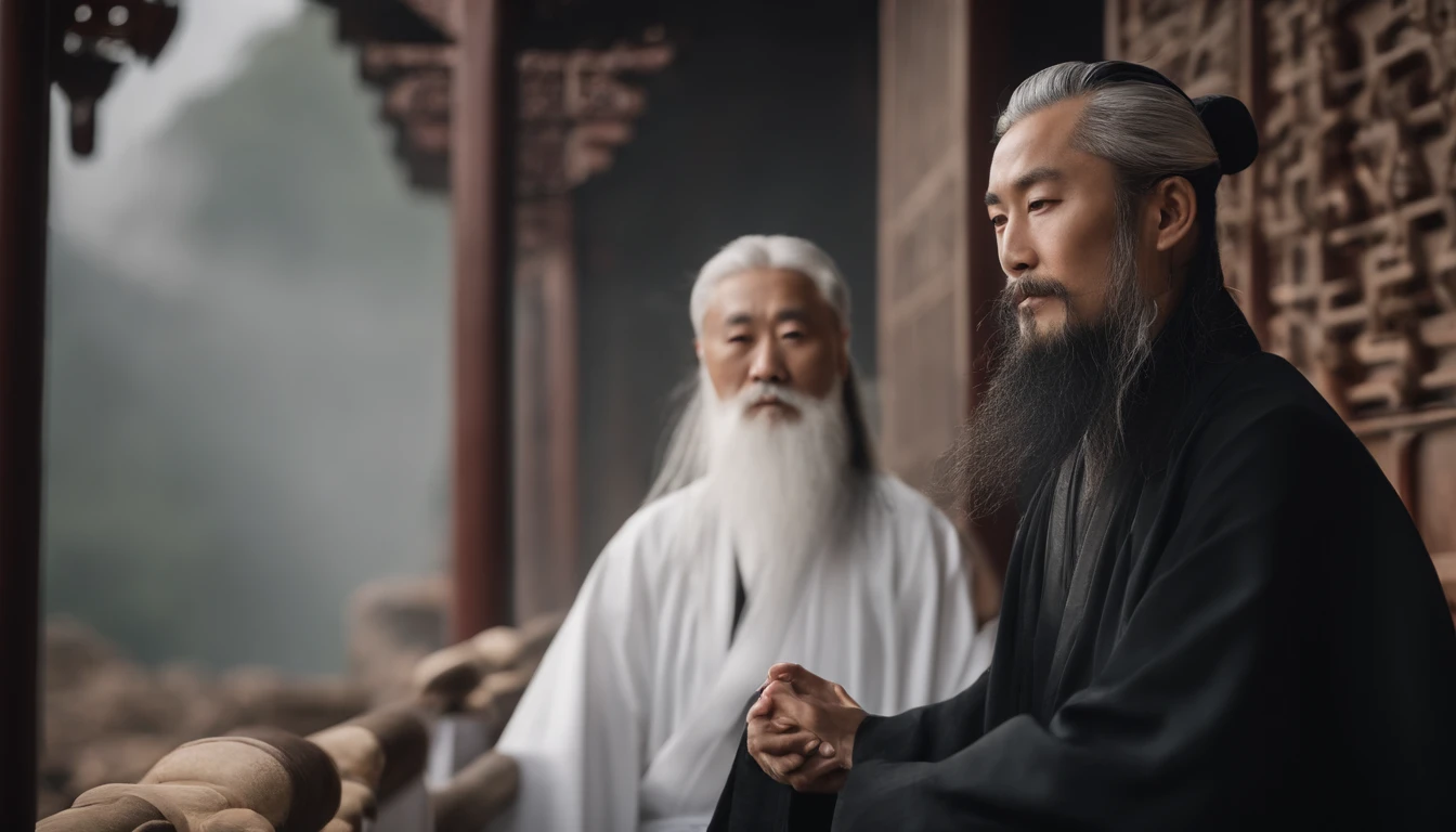 30-year-old middle-aged Asian Taoist priest，long  white hair，There is a white beard，Daoism,Wear a white robe，white sash，Taoist master,Taoist，Magnificent momentum，at centre，Face the lens，