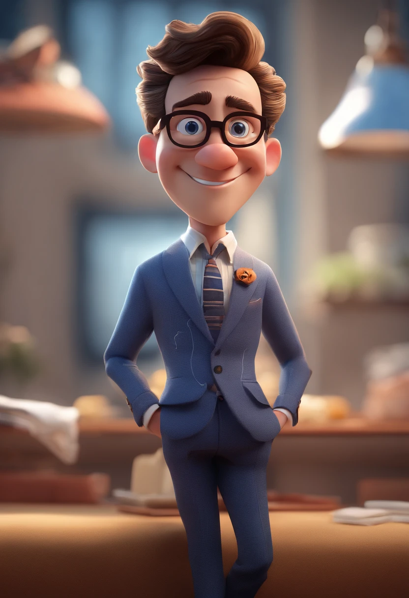 Cartoon character of a man with black glasses and a blue shirt, animation character, Caractere estilizado, animation style rendering, 3D estilizado, Arnold Maya render, 3 d render stylized, toon render keyshot, Personagem 3D, Personagem 3D, 3d rendering stylized, 3 d character render, personagem de desenho animado, Personagem de close up, Pose de personagem, (Estilo Pixar) (master part:1.2) (Bokeh) (best quality) (pele detalhada) (textura detalhada) (8k) (argila) (Cinematic lighting) (foco nítido