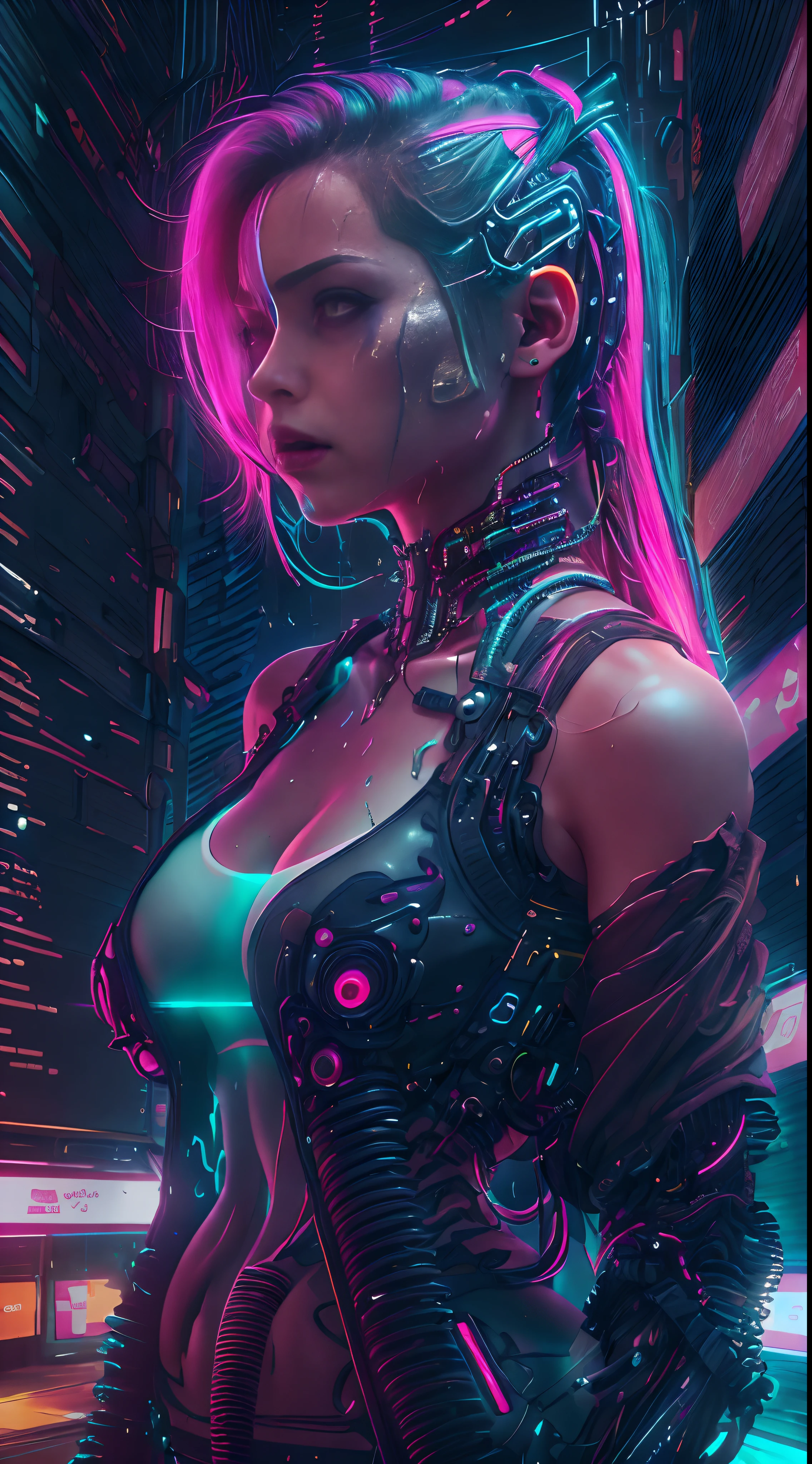 ((Meisterwerk))((highest quality))((27-year-old girl,shoulder-length highlighted hair ))Portrait from head to knee ((She stands there seductively, seductively sexual and reveals herself, by opening up her outfit. Partially exposed breast naked. )). ((Hintergrund ist ein hochdetaillierter Cyberpunk-Club mit mehrfarbigen LED-Lichtern. Graffiti .leuchtend.))4K. sehr filigrane Details. filmisch. Highly Reflective Wet Pavement.
The cybernetic enhancements you possess are not just for show - they are your lifeline in this dangerous world. With your enhanced strength, speed, and agility, you must navigate through the city's dark underbelly and confront its most dangerous criminals. Will you survive, or will you become just another victim of the cyberpunk neon world? Girl Hair with neon colors Highlights with bright colorsPhoto real, hyper-realistic, high dynamic range, rich colors, lifelike textures, 8K UHD, high color depth ,3D, octane render, 8k, ray-tracing, 8k ultrafine detail, private press, associated press photo, masterpiece,