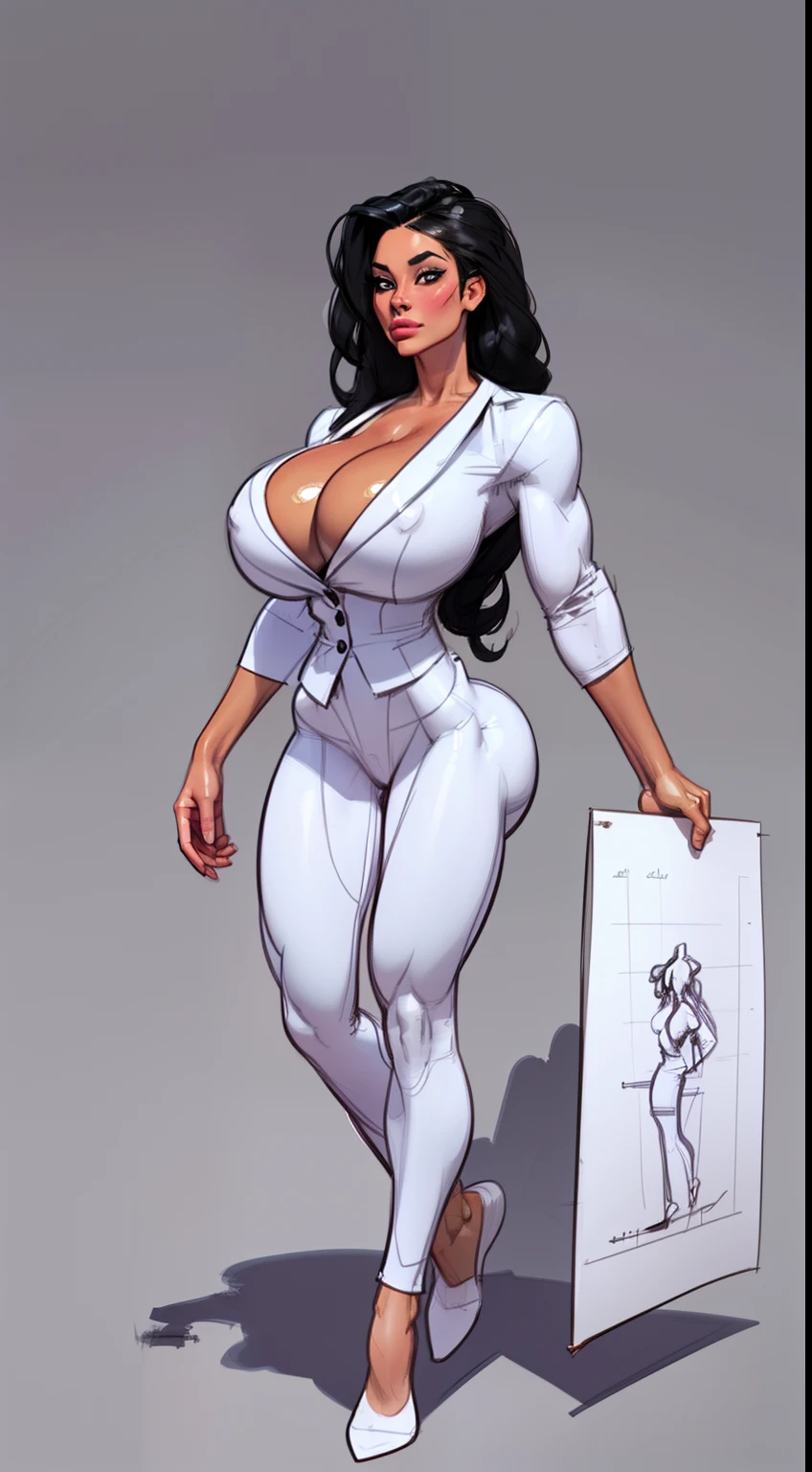 ((masterpiece)),(((best quality))), ((character design sheet:1.5)), (((sketches:1.5))), lineart, pencil lines only, (full body view)) illustration,1girl, muscular, ((business suit:1.5)), bubbles, ((hair combed to side:1.4)), ((hair:1.4)), suit ((detailed face:1.4)) ((gigantic breasts:1.6)), (pants), ((cleavage)), beautiful woman, (thick legs), scribbles and marks, rough sketches, pose, 8k,16k, (simple background, white background: 1.3)