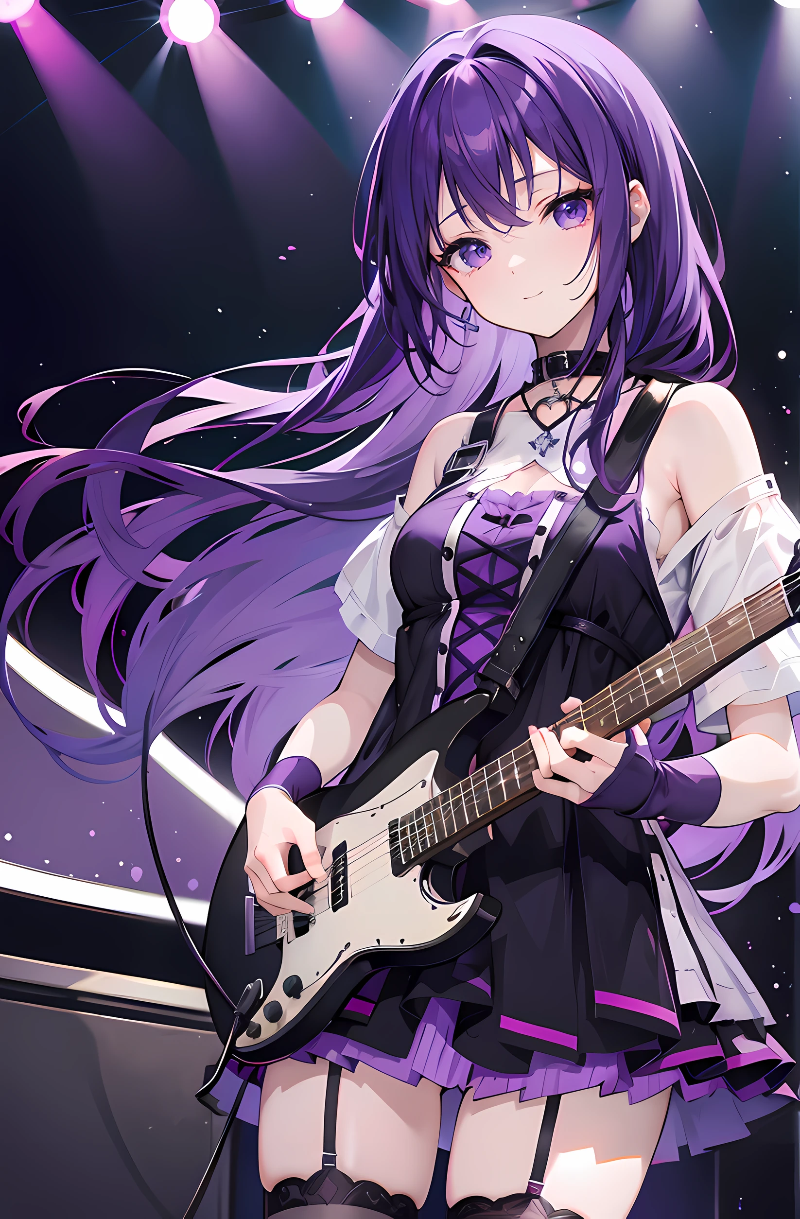highest quality、Highest image quality、masterpiece、teenage girl((18-year-old、 Agar、vest bust、medium bust,wide open breast tea、purple eyes, purple hair、long hair、slender,highest valley、cute makeup、black nail polish、white short skirt、Looks like fun、have a guitar、black spats、fluttering hair、red belly button tank top、chain accessories、DJ、headphones、cool hat)),high quality、beautiful art、background((night live house、red laser light、blue laser light、random laser points、Virtual space、golden laser beam、purple laser light、DJ booth)),muste piece、Depth of written boundary、movie、visual art、perfect art、