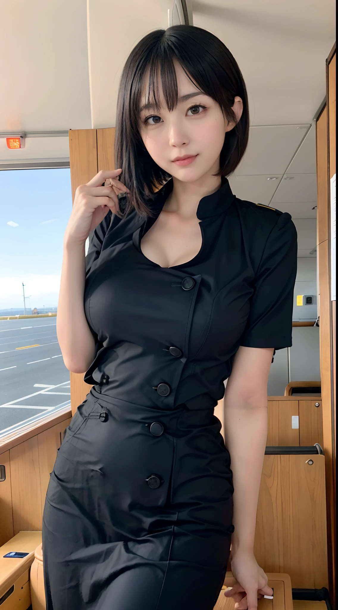 (1 Ultimate Beautiful Mature Woman), Solo, (Cabin Attendant Uniform:1.3), Smile, (fluffy brown eyes), (Beautiful face), (Black short hair), (Huge breasts:1.3), (Detailed face), Detailed lips, Detailed face, Detailed chest, detail, Perfect body, Standing, Cowboy Shot, ((Background: in an Japanese airline)), 8K, of the highest quality, Intricate details, Ultra Detail, Ultra High Resolution, masterpiece,