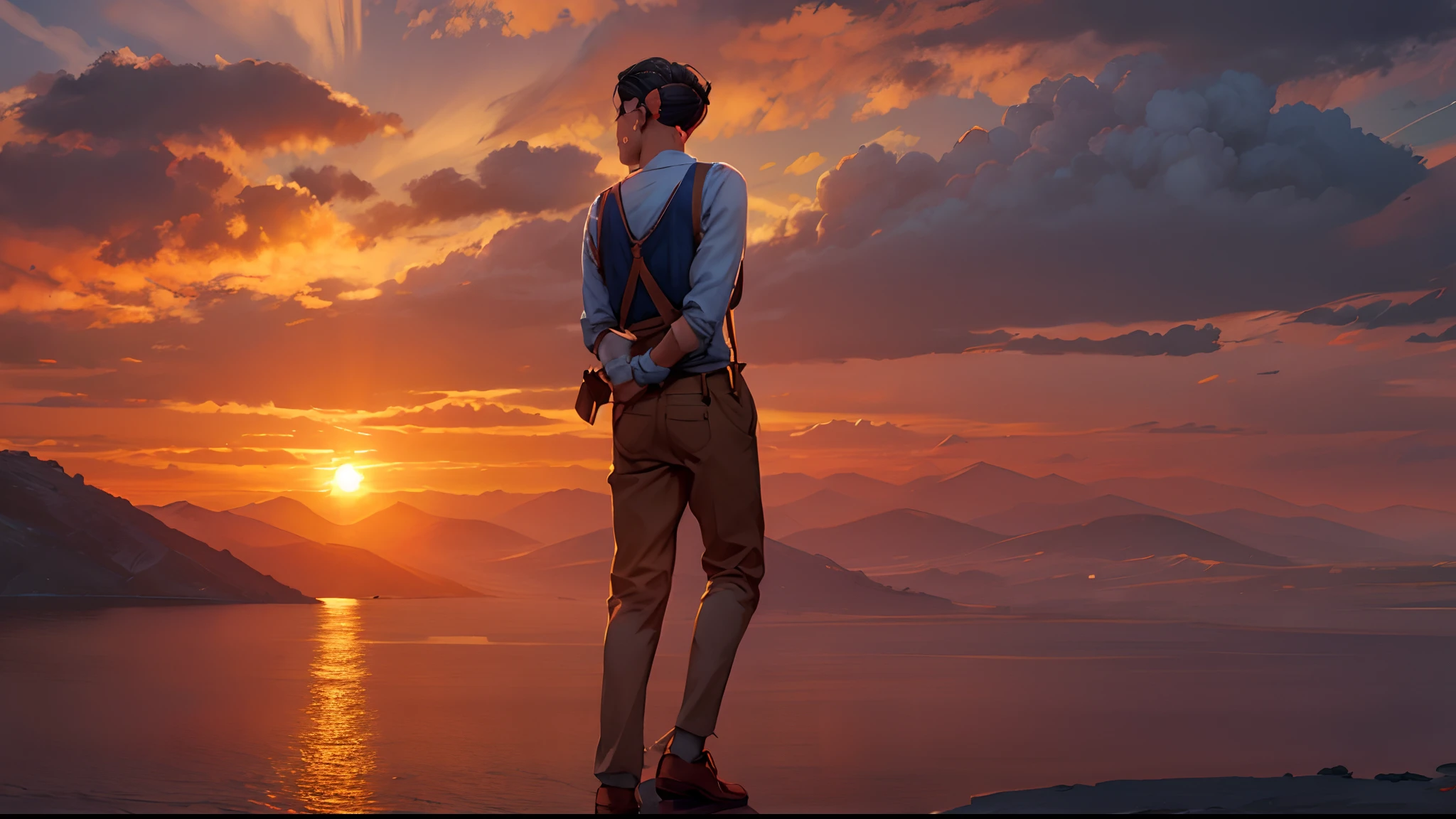 the sunset，eventide，Suspenders，Stand on top of the mountain with your feet，Boy student，Turning around，middle parted hairstyle，Turn your waist，tilts your head