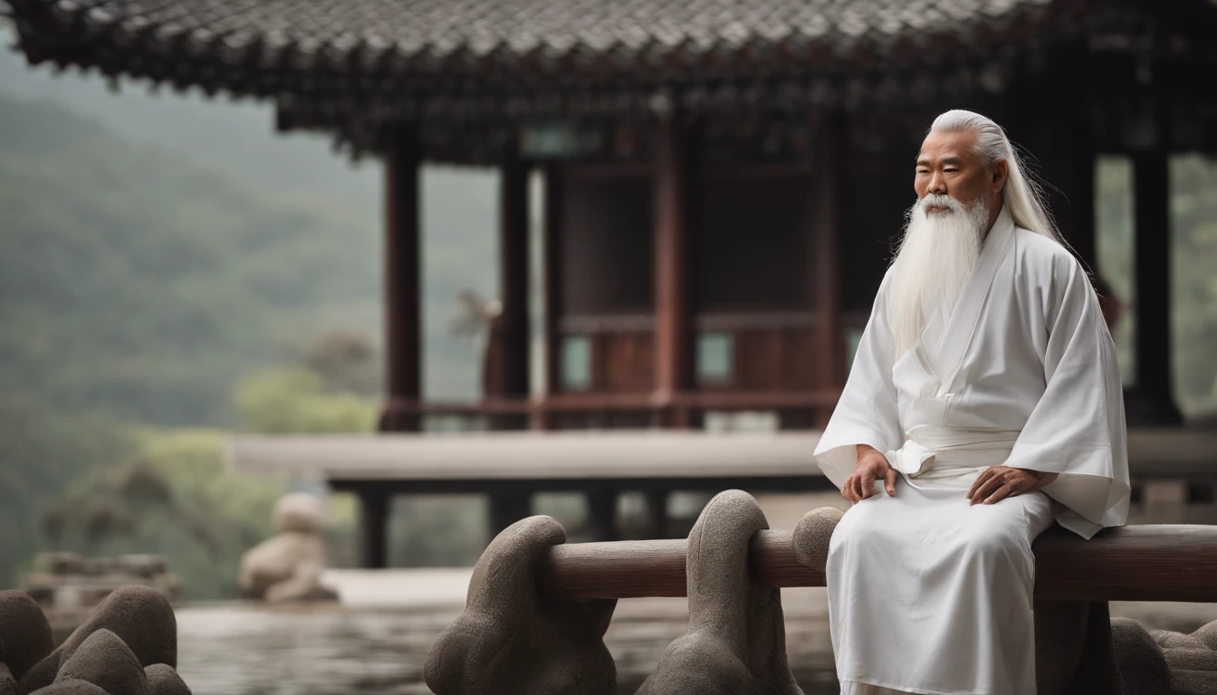 A 30-year-old middle-aged Asian Taoist priest,long white hair,There is a white beard,Daoism,Wear a white robe,white sash,Taoist master,Taoist,Magnificent momentum,at centre,Face the lens,