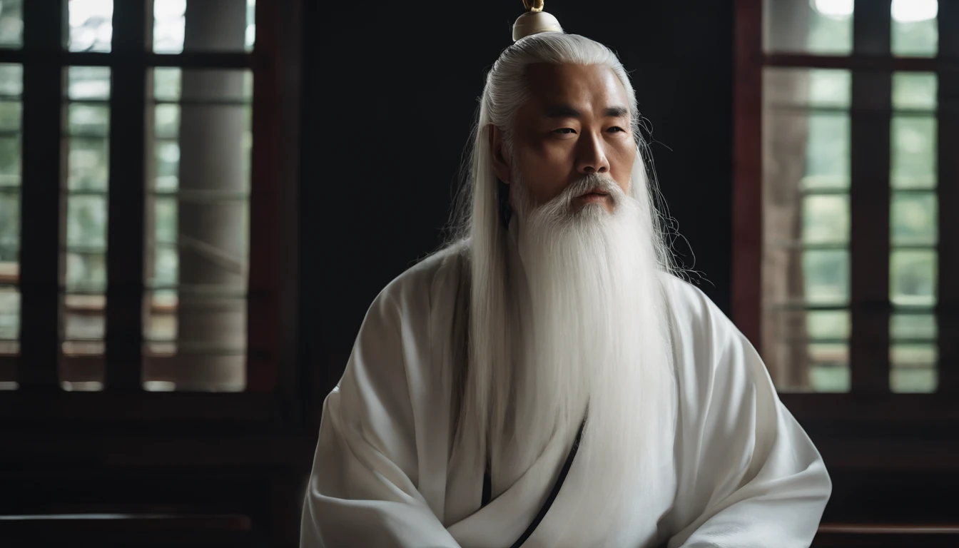 A 30-year-old middle-aged Asian Taoist priest,long white hair,There is a white beard,Daoism,Wear a white robe,white sash,Taoist master,Taoist,Magnificent momentum,at centre,Face the lens,