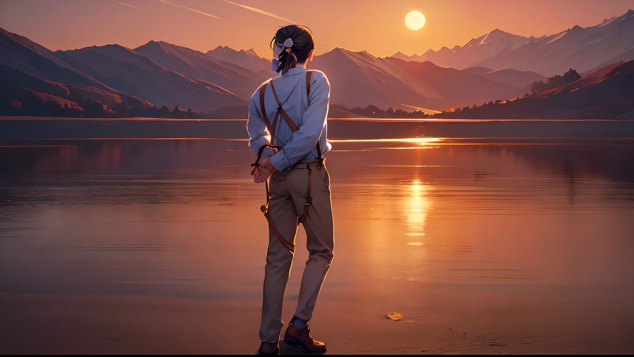 the sunset,eventide,Suspenders,Stand on top of the mountain with your feet,Boy student,Turning around,middle parted hairstyle,Turn your waist,tilts your head