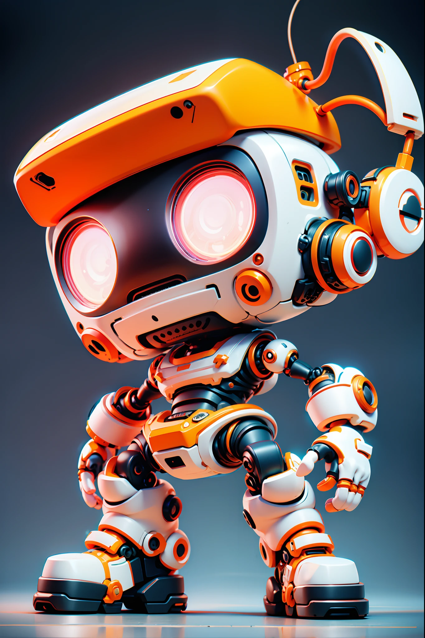 Pixar style,robot,no humans,mecha,solo,radio antenna,science fiction,standing,cable,glowing,television,looking ahead,gradient background,chibi,locomotive,