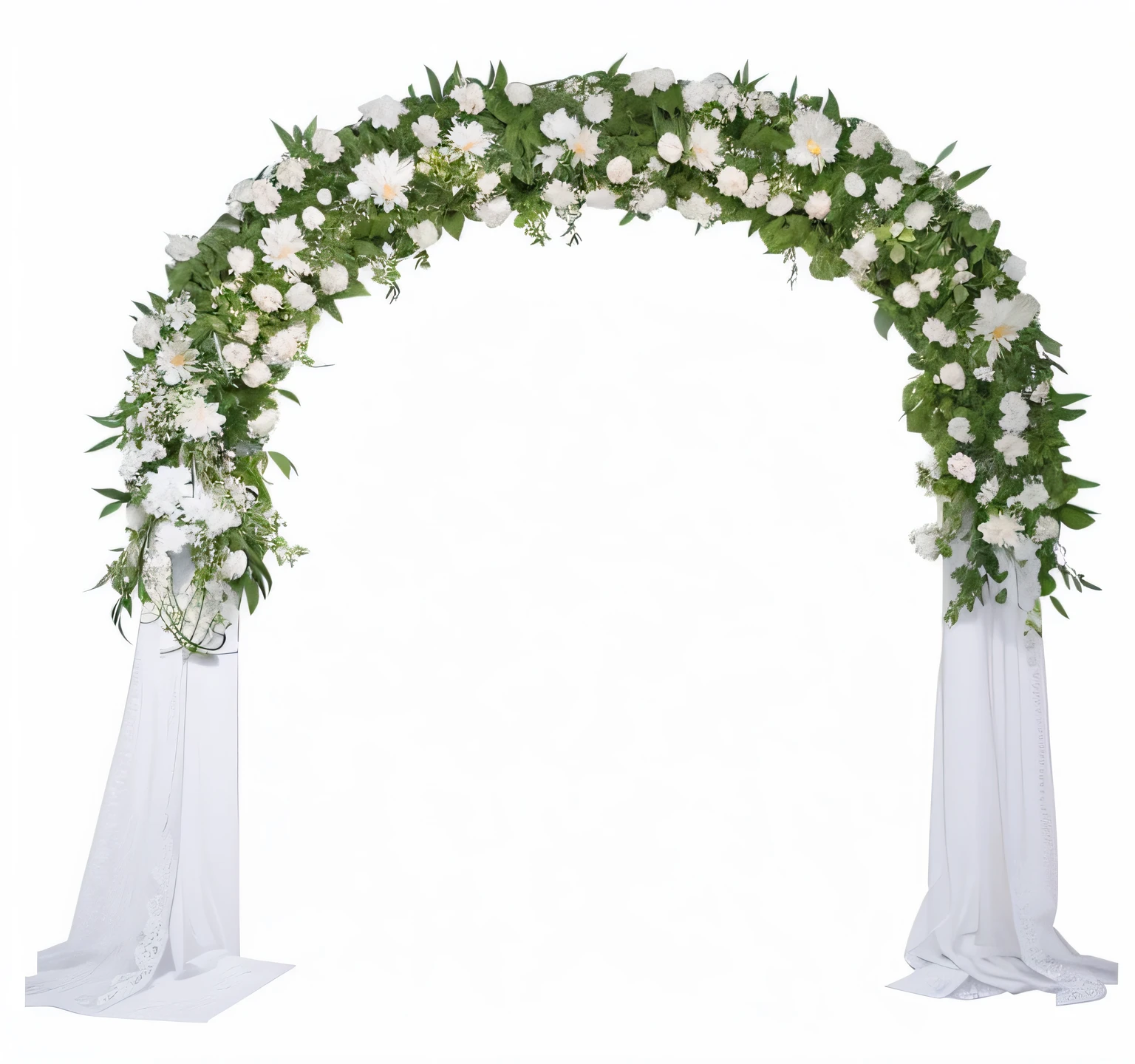 Close-up of a white wedding arch,There are flowers and curtains on it, white sweeping arches, White stone arches, archs, arches adorned pillars, Decoration, floral decorations, archways made of lush greenery, white backgrounid, with archways, full - length view. white plastic, large white border, Archway, background is white, accurate and detailed