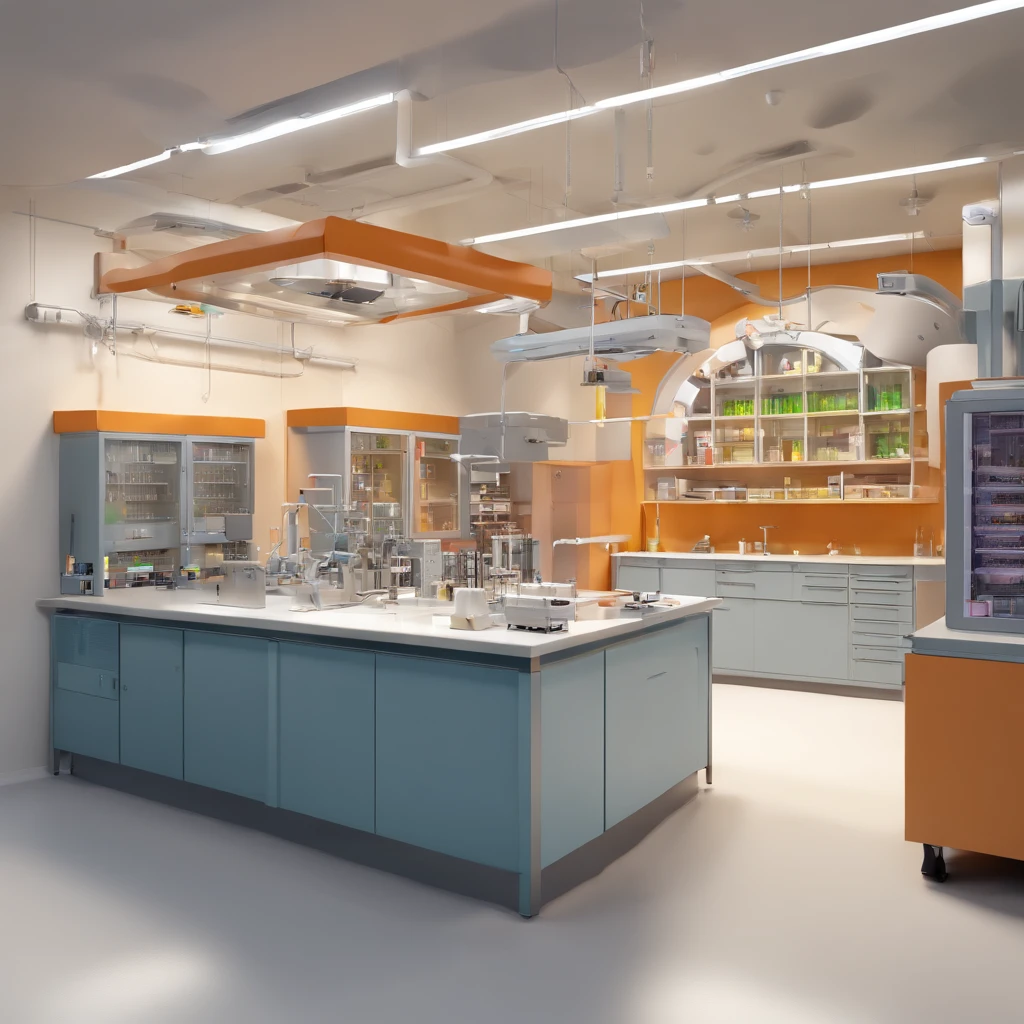 Arafed laboratory with a large counter and a refrigerator - SeaArt AI
