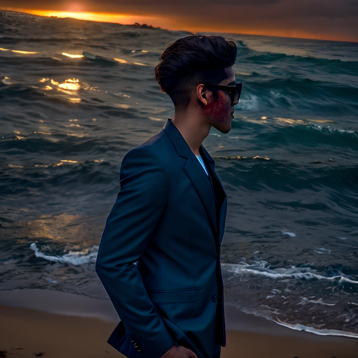 there is a boy in a black suit and sunglasses standing on the beach, the ocean in the background, the sea and storms behind him, posing on a beach with the ocean, ocean in the background, at the sea, on the ocean, profile shot, the sea in the background, on the ocean water, standing at the beach, at a beach, standing beside the ocean