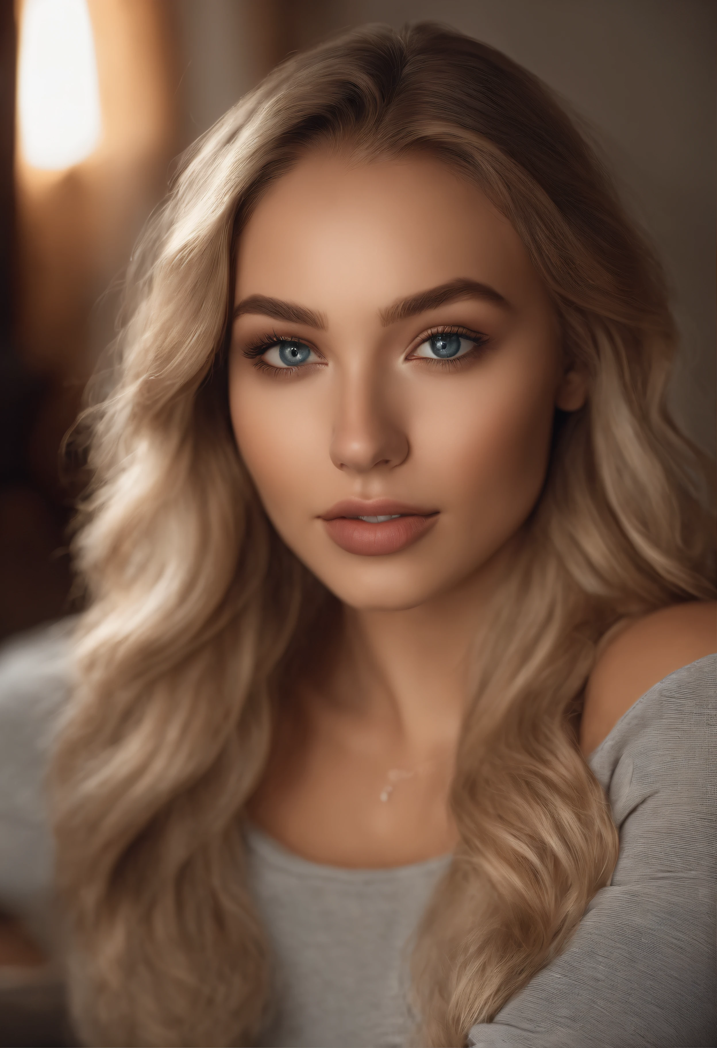 arafed woman fully , sexy girl with blue eyes, ultra realistic, meticulously detailed, portrait sophie mudd, blonde hair and large eyes, selfie of a young woman, bedroom eyes, violet myers, without makeup, natural makeup, looking directly at the camera, face with artgram, subtle makeup, stunning full body shot kneeling on bed, in bedroom, medium to large size bust