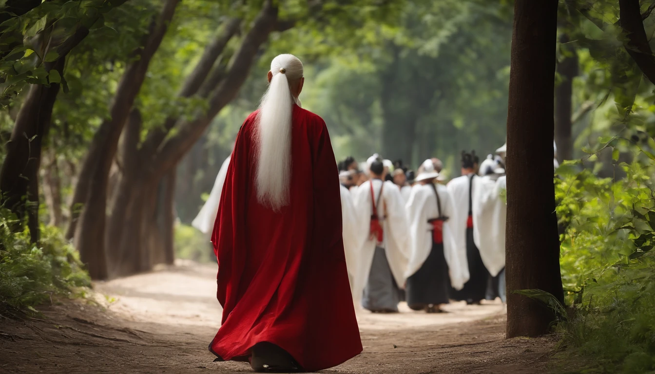 A 30-year-old middle-aged Asian Taoist priest,long white hair,There is a white beard,Daoism,Wear a white robe,white sash,Taoist master,Taoist,Magnificent momentum,at centre,Face the lens,Full body like,The back of the hand is behind the back