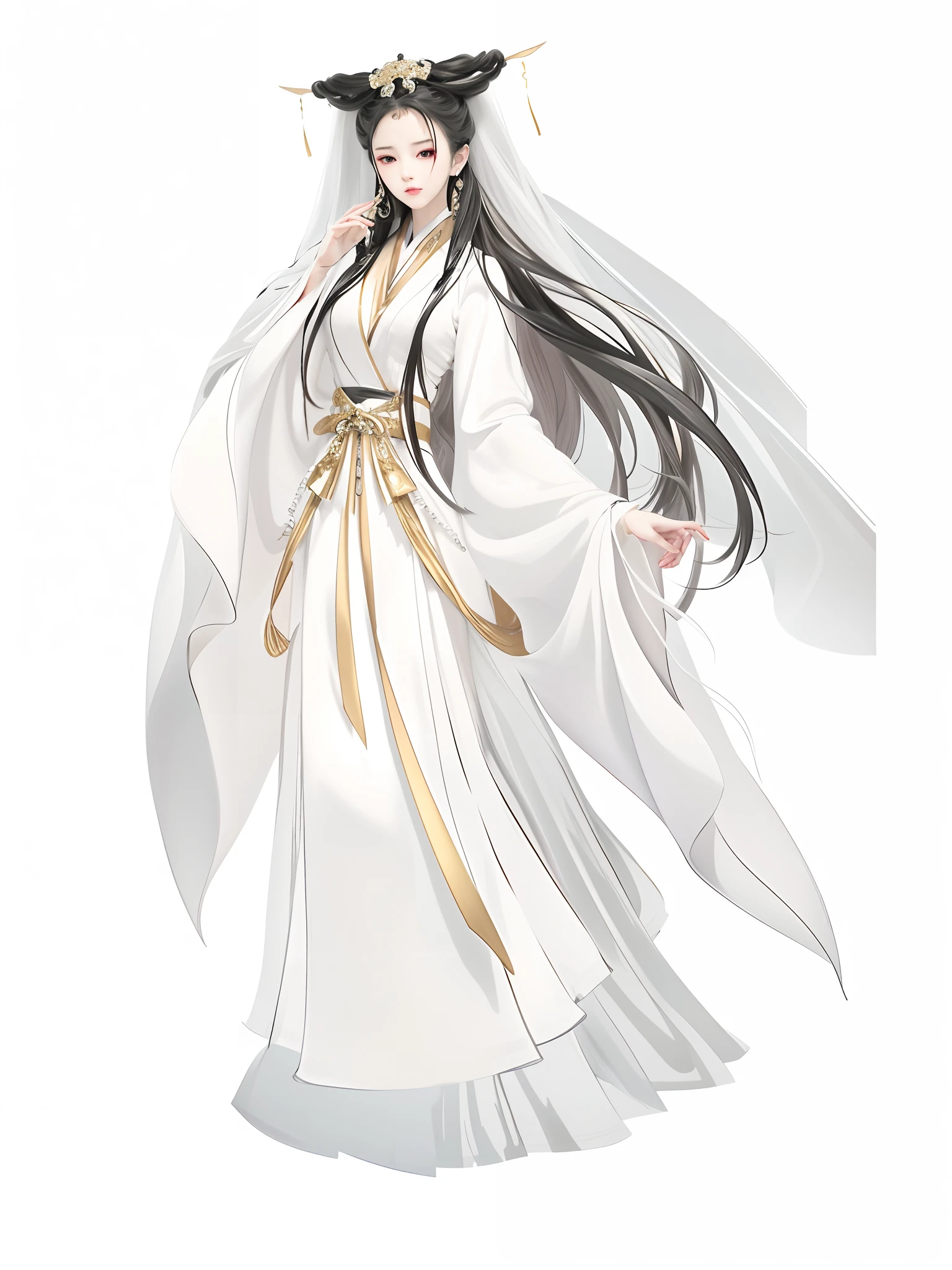 Anime characters dressed in white and gold, flowing white robe, White Hanfu, flowing white robe, flowing hair and long robes, full-body xianxia, long white cape, flowing magical robe, heise jinyao, very long white cloak, Inspired by Baek So-jeong, wearing a long flowing robe, cotton cloud mage robes