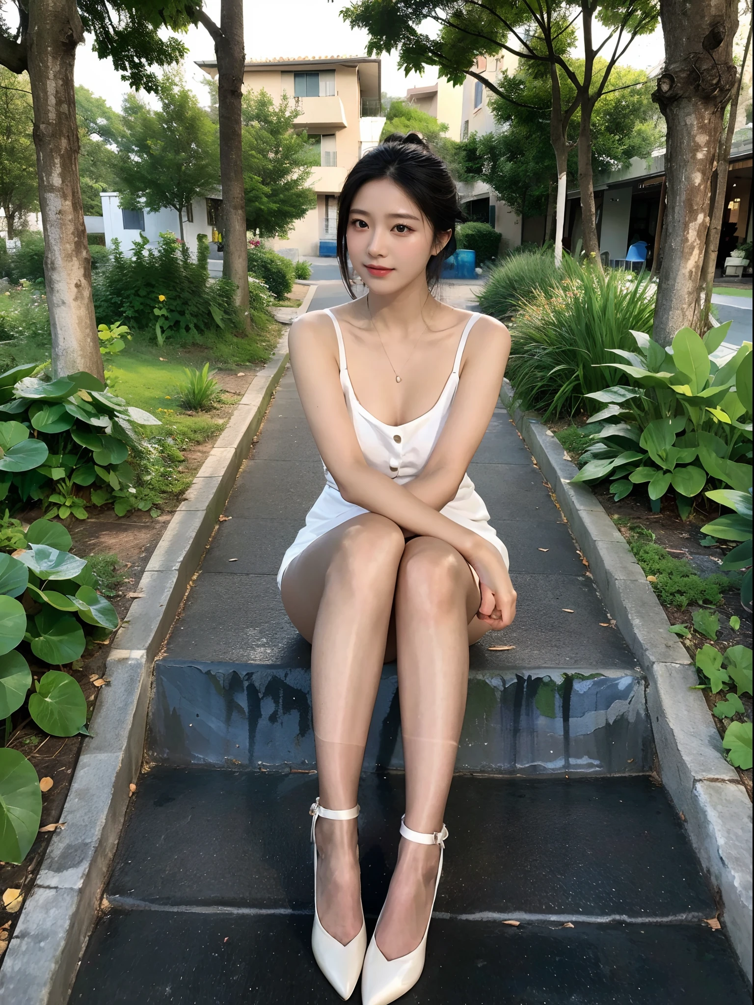 ，Masterpiece, Best quality，8K, 超高分辨率，Reallightandshadow，Cinema lenses，(beautidful eyes:1.1)， ((中景 the scene is，The upper part of the body))，dynamicposes，On a green meadow，The gentle goddess came with gentle steps。She wore a white dress，A gentle breeze blows，The skirt dances lightly。The sun shone through the leaves in her hair，Reflecting her clear eyes and gentle smile。Colorful butterflies flutter around her，Flowers bloomed at her feet，It was as if nature was cheering for her。black lence stockings