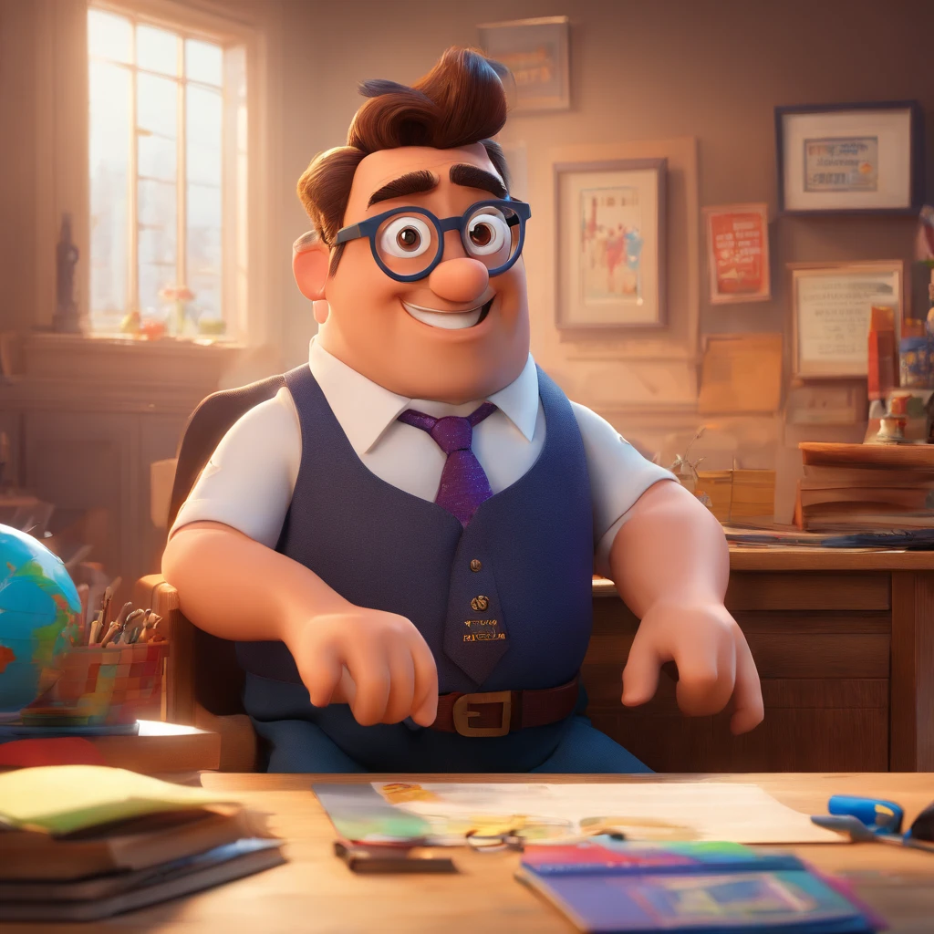 Create a Disney Pixar-inspired poster featuring the character of Pastor Rubens Janier, A man wearing glasses, um terno, in an office with a photo book on the table