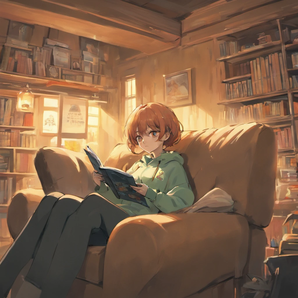 (best quality,4k,8k,highres,masterpiece:1.2),ultra-detailed,(realistic,photorealistic,photo-realistic:1.37),a man reading a book,pixar cartoon style,illustration,cozy,warm lighting,vibrant colors,detailed book cover,focus on character's expressions,glasses,curly hair,comfy armchair,bookshelf with various books,peaceful atmosphere,soft shadows,lightly textured background,thoughtful look,relaxed posture.