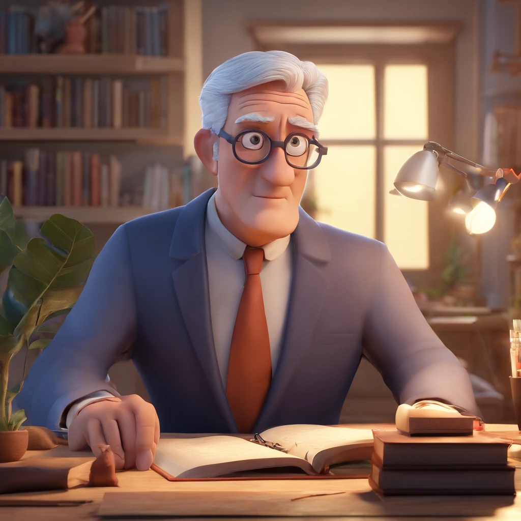Create a Disney Pixar-inspired poster featuring A gray-haired man wearing glasses, um terno, in an office with a Bible on the table