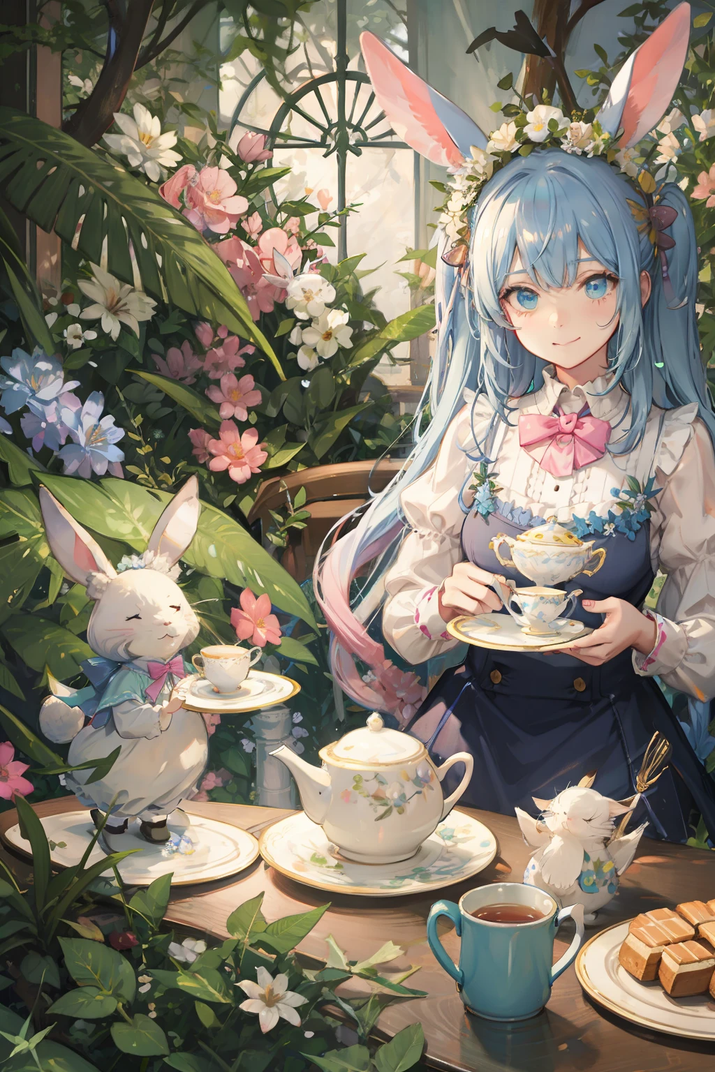 (Cute illustration:1.5),Peter Rabbit Rabbit , Garden party surrounded by flowers , Cute smiling girl, With twin tails、Hair color is pink , Blue pastel color outfit、Peter Rabbit is holding a baby, tea parties, a cake、 macaroons、donut、cookies、black tea、cute little、Cute 、Dolce、fluffly、Dolce、Pale shades