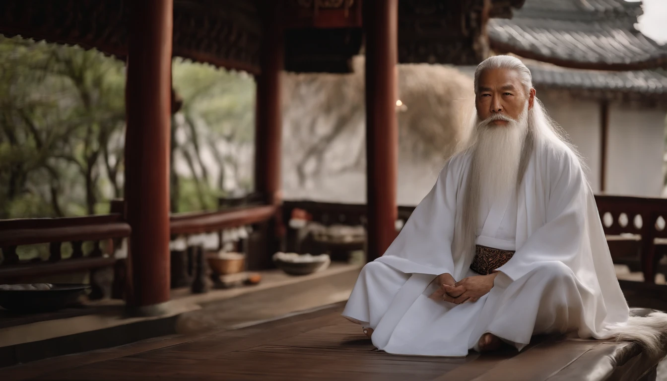 A 30-year-old middle-aged Asian Taoist priest，long  white hair，There is a white beard，Daoism,Wear a white robe，white sash，Taoist master,Taoist，Magnificent momentum，at centre，Face the lens，Full body like，standing on your feet，The back of the hand is behind the back，Be kind，Grandpa