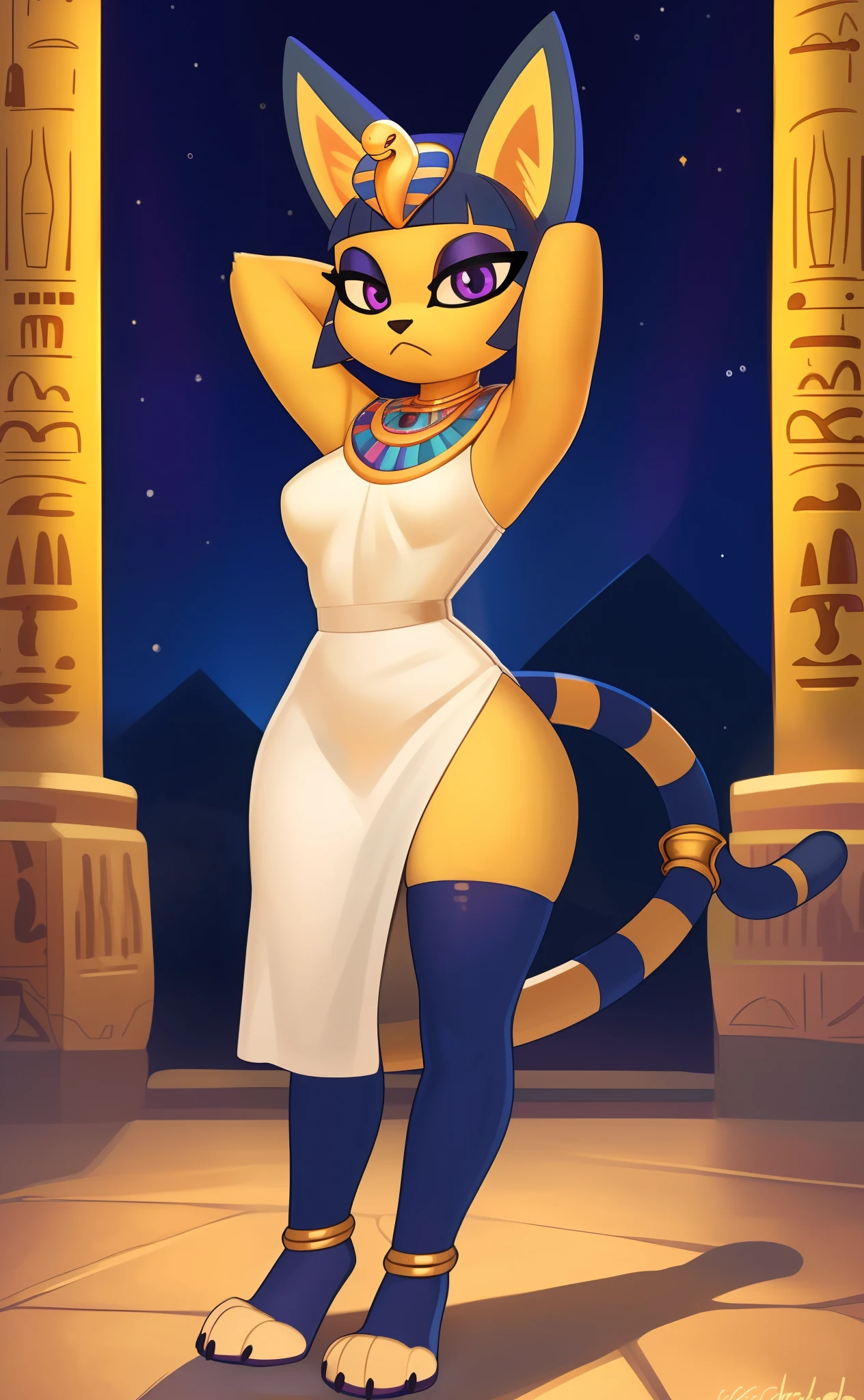 [ankha; Animal Crossing], [Uploaded to e621.net; (Pixelsketcher), (wamudraws)], ((masterpiece)), ((HD)), ((solo portrait)), ((full body)), ((front view)), ((feet visible)), ((furry; anthro)), ((detailed fur)), ((detailed shading)), ((beautiful render art)), ((cinematic lighting)), {anthro cat; (slim figure), yellow fur, black nose, (cute purple eyes), (indigo eyeshadow), (egyptian eye make-up), cat ears, long cat tail, (gorgeous wide hips), (small boobs), (beautiful legs), (beautiful paws), (black claws), (frown)}, {(tight white dress), (colorful necklace), (detailed snake headwear), (blue bracers), (gold anklets)}, {(standing), (hands behind head), (looking at viewer)}, [background; (sandstone walls), (club), (torch in background), (starry sky), (sun rays)]