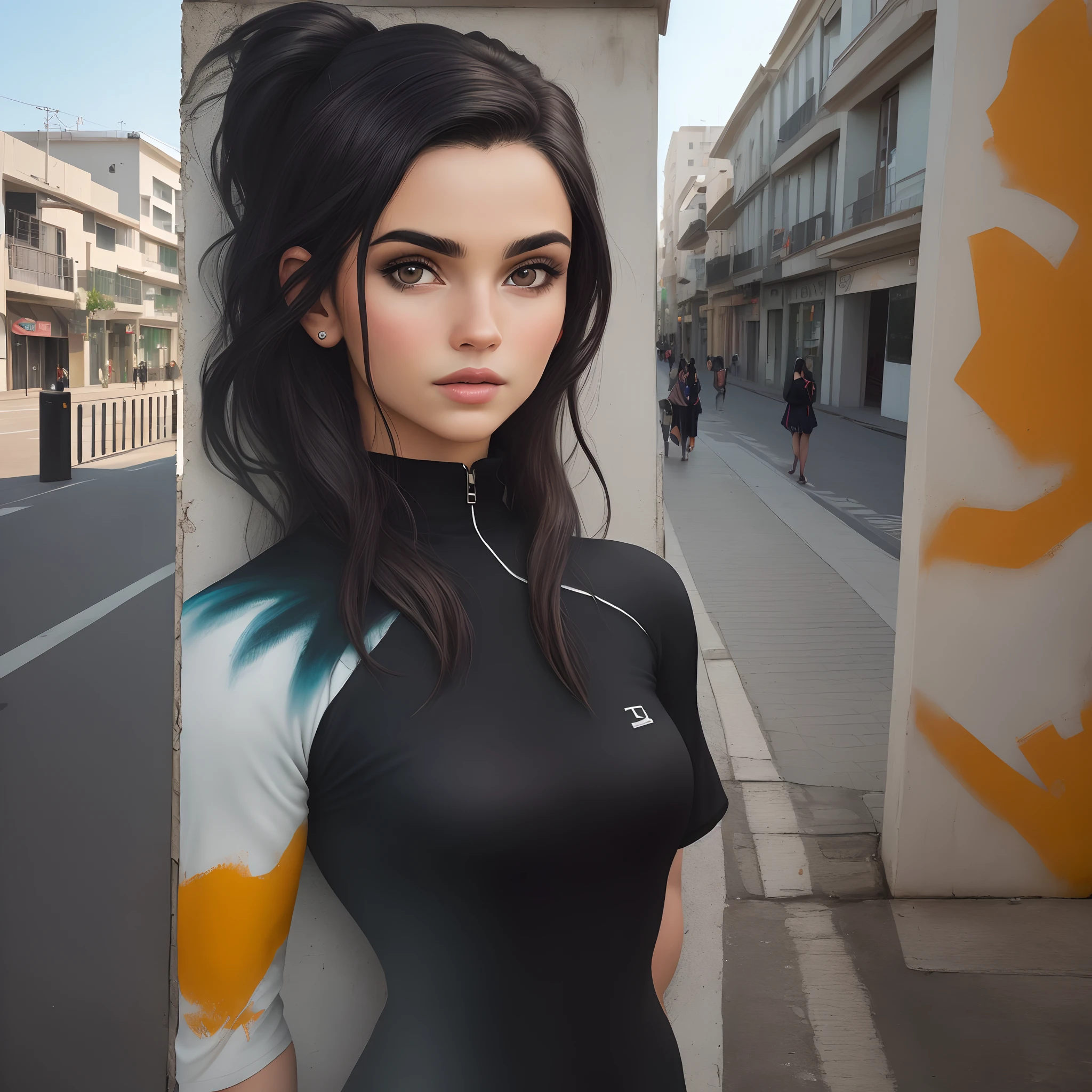 um cara negro, corpo em forma, lindos cabelos castanhos claros, sentado na rua ao lado de uma parede de loja) (melhor qualidade, Realistic:1.37), retrato urbano, moda de rua, cores vibrantes, strong contrast lighting, striking appearance, Pose casual, captivating expression, Olhar confiante, Elegant urban setting, arte do grafite, cultura de rua moderna