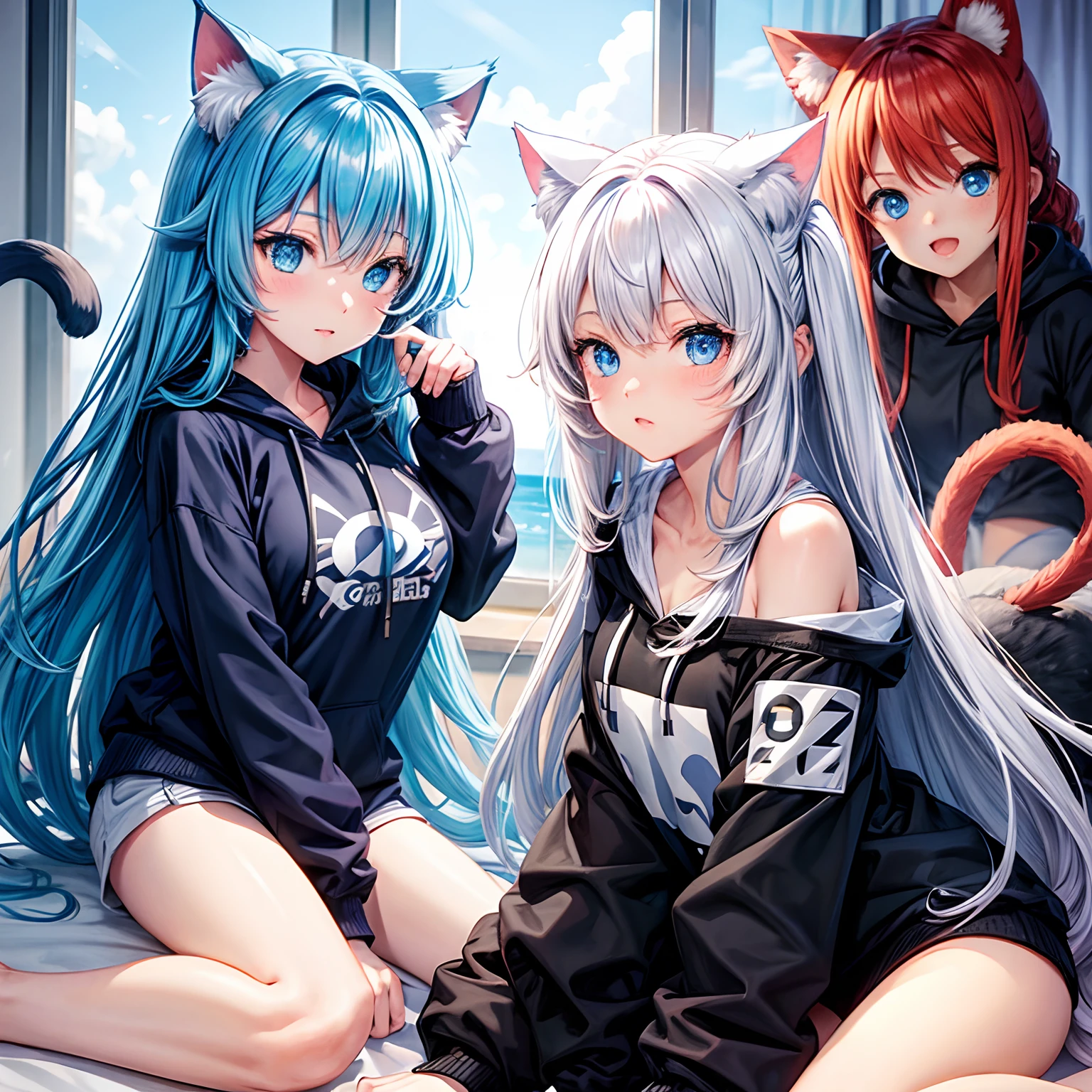 Cat ears and tail, long braun hair, blue eyes,hoody