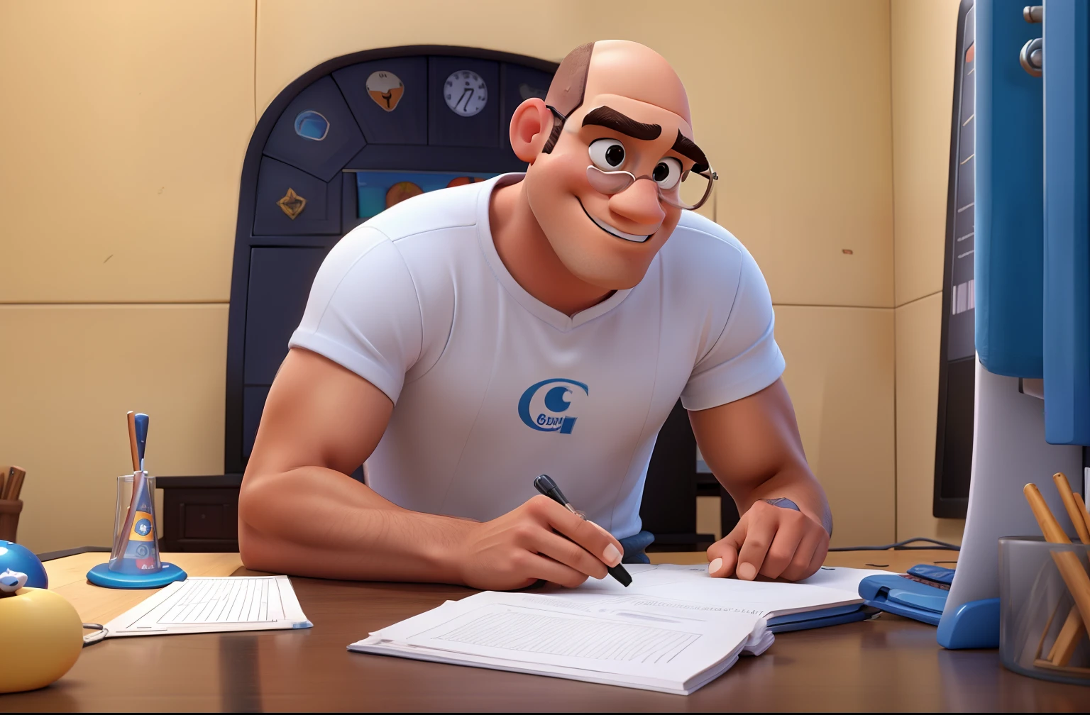 Personagem modelo Disney Pixar, homem, careca, trabalhando