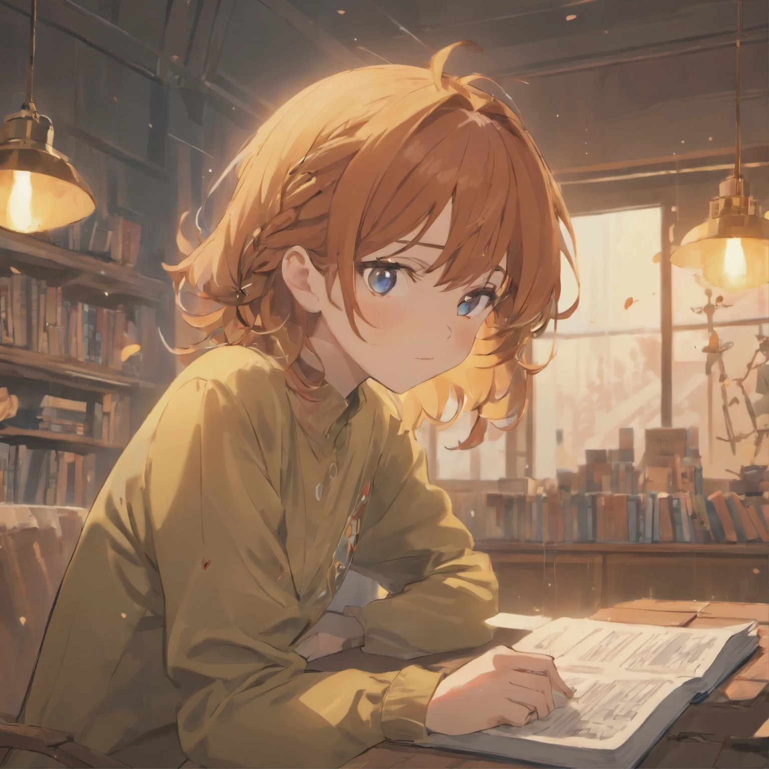 (best quality,4k,8k,highres,masterpiece:1.2),ultra-detailed,(realistic,photorealistic,photo-realistic:1.37),a man reading a book,pixar cartoon style,illustration,cozy,warm lighting,vibrant colors,detailed book cover,focus on character's expressions,glasses,curly hair,comfy armchair,bookshelf with various books,peaceful atmosphere,soft shadows,lightly textured background,thoughtful look,relaxed posture.