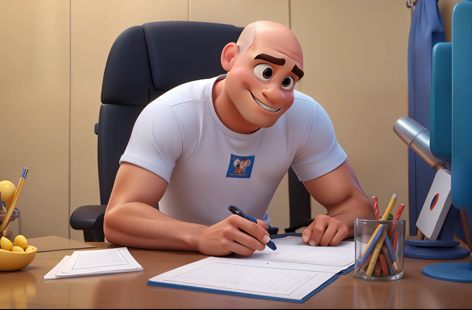 Personagem modelo Disney Pixar, homem, careca, trabalhando
