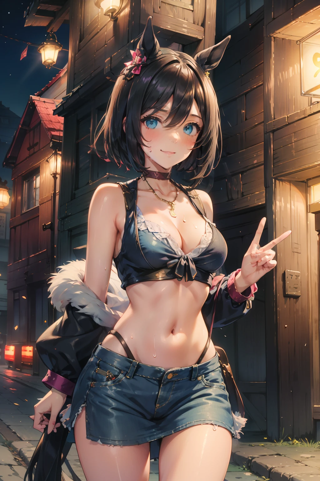 EishinFlash, masterpiece, 1 girl, croptop, intricately detailed, cleavage, navel, bare shoulders, necklace, outdoors, night, shibuya crossing, neon lights, embarrassed, extremely detailed, photorealistic, octane render, 8 k, unreal engine, black hair, aqua eyes, bare stomach, sweaty, smartphone, denim skirt, moist breath, child, arm strap, large breasts, blush, bare shoulders, bare arms, bare elbows, skirt, facemask, peace sign, heart eyes, leaning forward, horse tail, horse ear, smiling