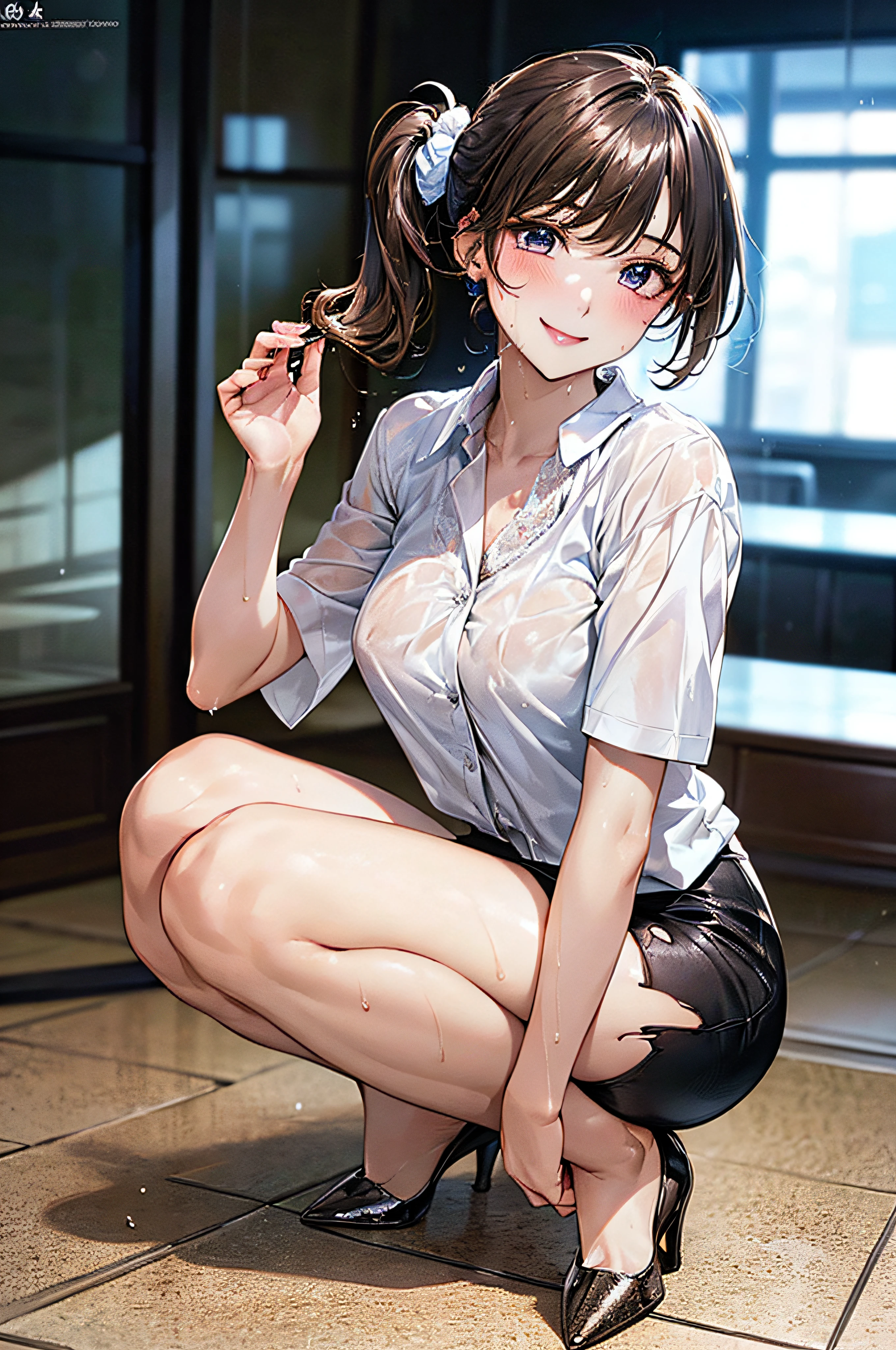 1 persons, japanes, 20 years old, (Detailed shiny skin:1.1), Watching the view, (Smile:1.5),
Beautiful hair, Beautiful face, Beautiful detailed eyes, (Long hair:1.4, Side Ponytail:1.7), lightbrown hair, (Large breasts:0.7),
Beautiful collarbone, Beautiful body, Beautiful chest, beautiful thigh, Beautiful legs, beautiful detailed fingers, Five Fingers, ,Colossal tits, Barefoot,
((Torn clothes, Short-sleeved white shirt with collar and buttons, (The shirt:1.4, Tight mini skirt:1.4, high-heels), Extremely sexy, Wet crotch, Seductive thighs, Camel toe)), open one's legs、Pink lace panties
(Beautiful scenery), receptionist, department store, Service Counter, Squatting, Spread legs, object insertion, Vibrator, Female masturbation,
(8K, top-quality, masterpiece:1.2, Extremely detailed), (Photorealistic), Beautiful illustration, Cinematic lighting, Full body,
