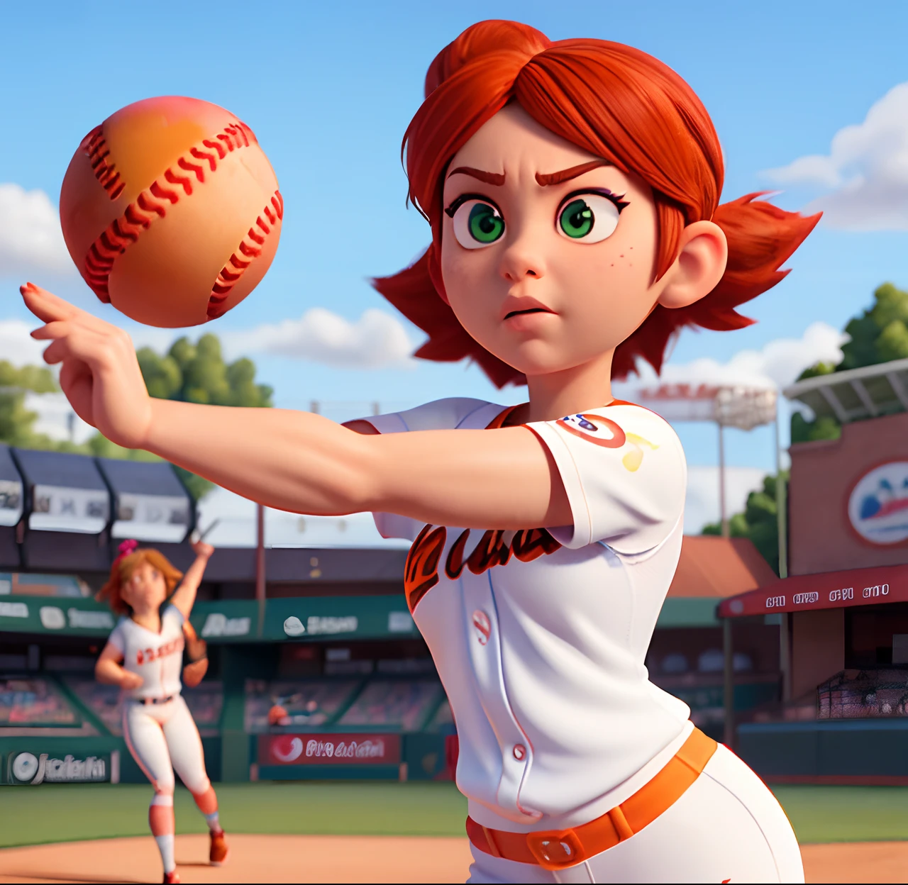 Masterpiece, (watercolor:1.3), (short stack:1.1), forward facing, eyes on camera, serious expression, (action shot:1.4) , (upper body strength:1.3), contrapposto (tattoo:1), softball pitcher, auburn hair, green eyes, (string bikini:1), pitching a softball at viewer, (focus on softball in foreground:1.4), sunny, natural lighting, High definition, excellent resolution, excellent quality, insane detail, semi realistic, postprocessed, crisp face, facial features, extremely detailed, facial features