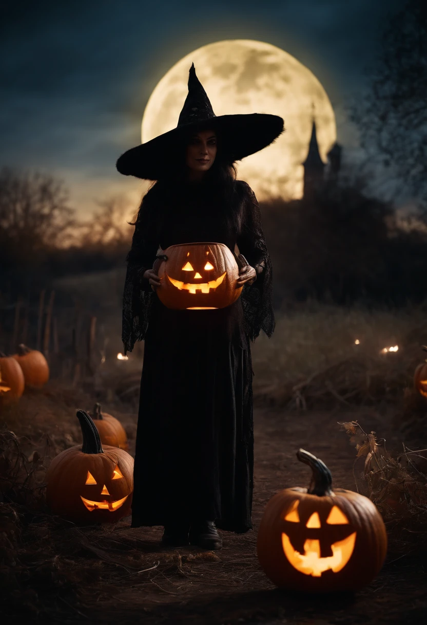 1girl(masterpiece, top quality, best quality, art, beautiful and aesthetic:1.2),(1girl),extreme detailed,(art:1.3),colorful,highest detailed,halloween,witch hat,hooded robe,jack-o'-lantern,withered tree background,<lora:Terror1:0.5>,Terror,gloomy,dark,