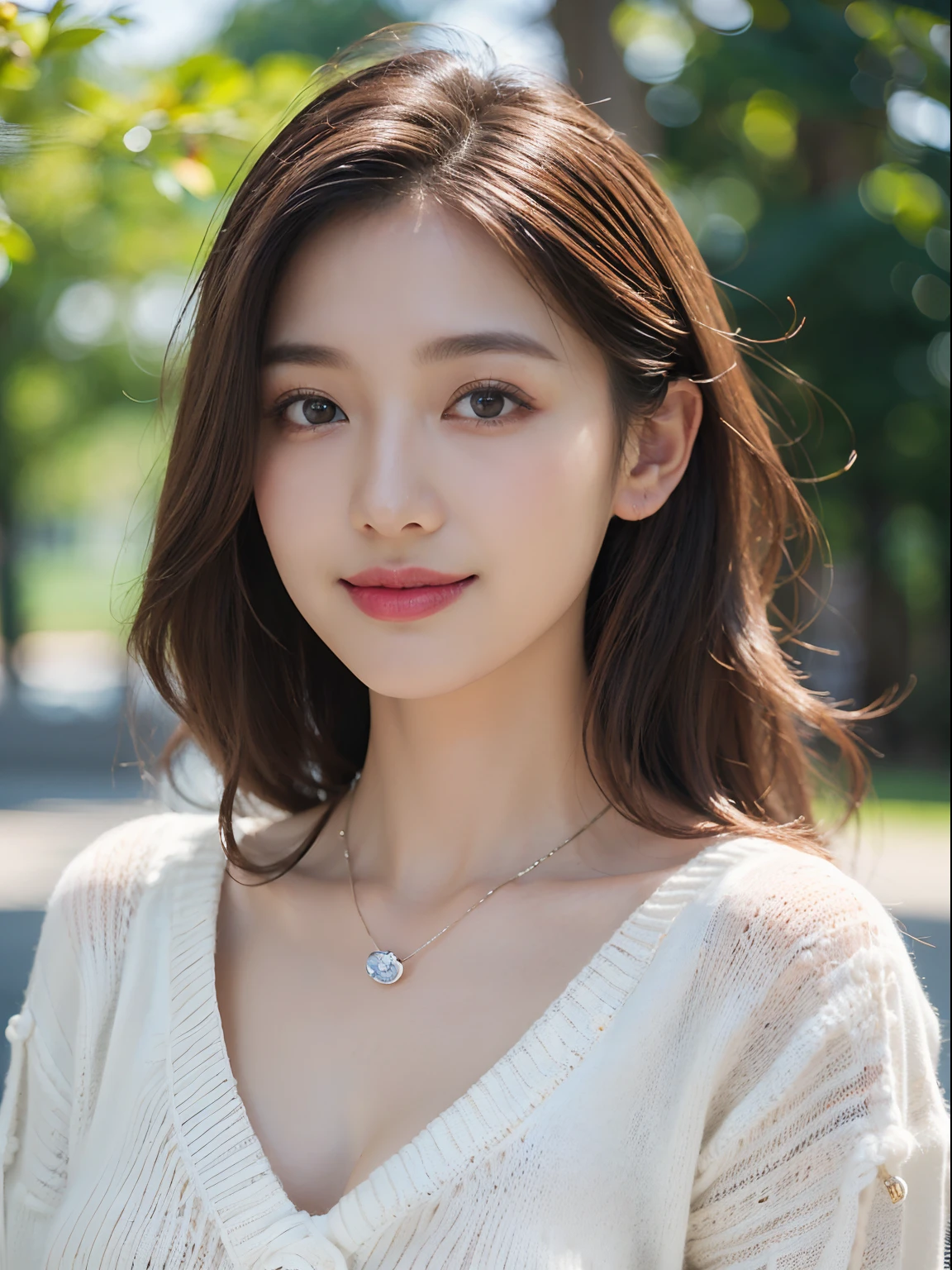 ((((top-quality))))、(((Ultra Precision CG16K Wallpapers)))、(((​masterpiece)))、(((ultra-detailliert)))、(((Ultra-extreme details)))、One woman、a matural female、a 25yo woman、((Japanese face))、((extremely beautiful face))、((assist々Kiki:1.8))、((Semi-long cut:1.2))、(curly hair)、Bangs up to the eyebrows、Beautiful brown hair、Beautiful delicate eyes、Brown eyes、lofty nose、small nostrils、seductive lips、slightly open mouth、Beautiful breasts、C-cup size breasts、cleavage of the breast、Plump body、perfectly proportions、perfect anatomia、Beautiful and detailed shading、Beautiful natural lighting、Beautiful detail glow、depth of fields、(((a high chroma)))、((realisitic:1.9))、((Vivid：1.4))、((Beautiful skin))、((Skin texture))、((Realistic skin feeling))、perfect-composition、((a closeup))、((Angle of view from the front))、((a smile:1.2))、(Staring eyes)、Bright sunshine、((a park:1.2))、(Background blur)、((Dark brown summer knit:1.5))、(a necklace)、(耳Nipple Ring)、