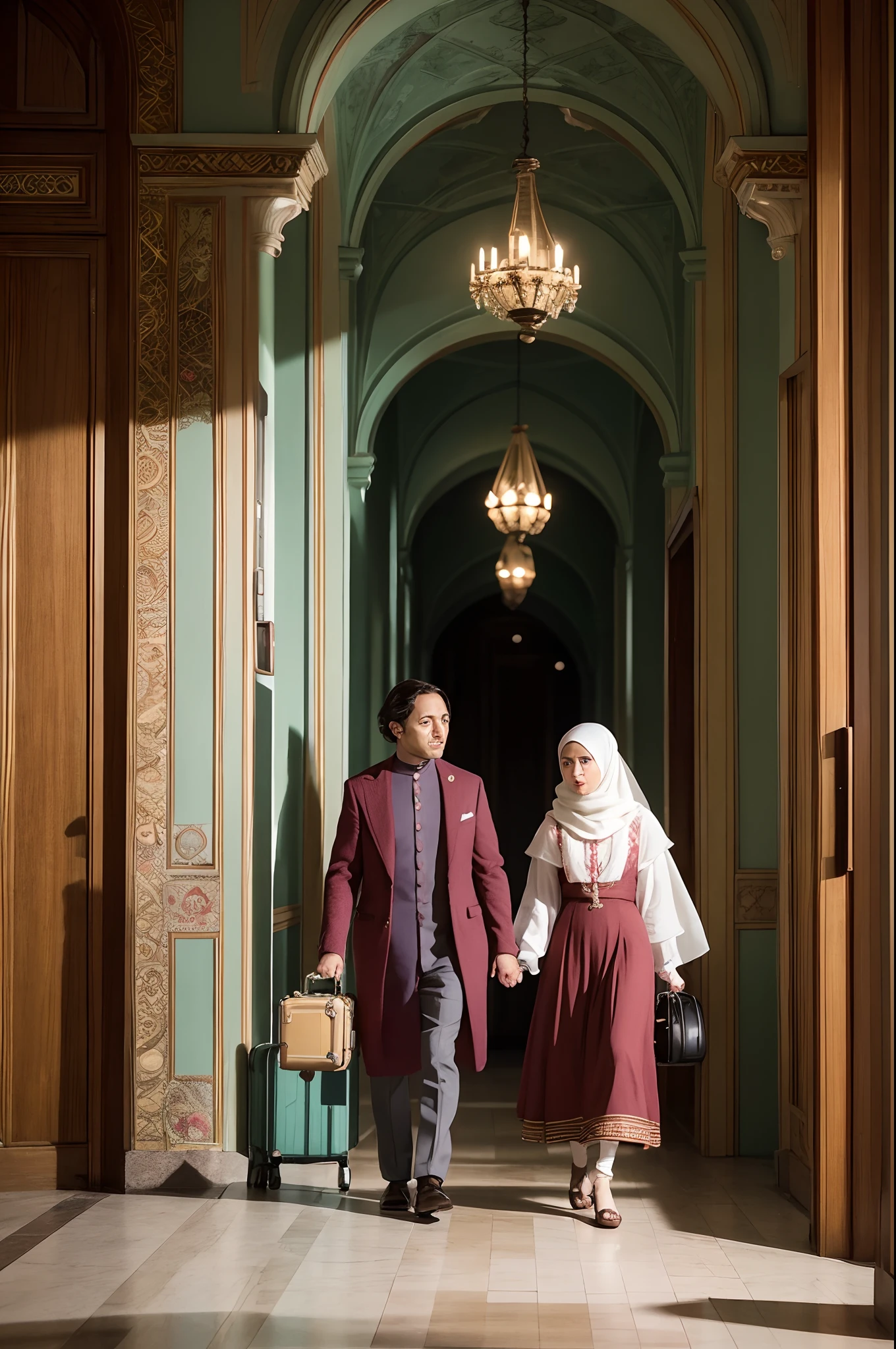 Immerse the Malay girl in hijab and the Malay guy in the enchanting world of 'Grand Budapest Hotel.' They can be portrayed as guests in the hotel, lost in the hotel's labyrinthine corridors, with vintage luggage and accessories that complement the film's style. The scene should be meticulously crafted with a sense of symmetry and meticulous framing, staying true to Wes Anderson's love for intricate details