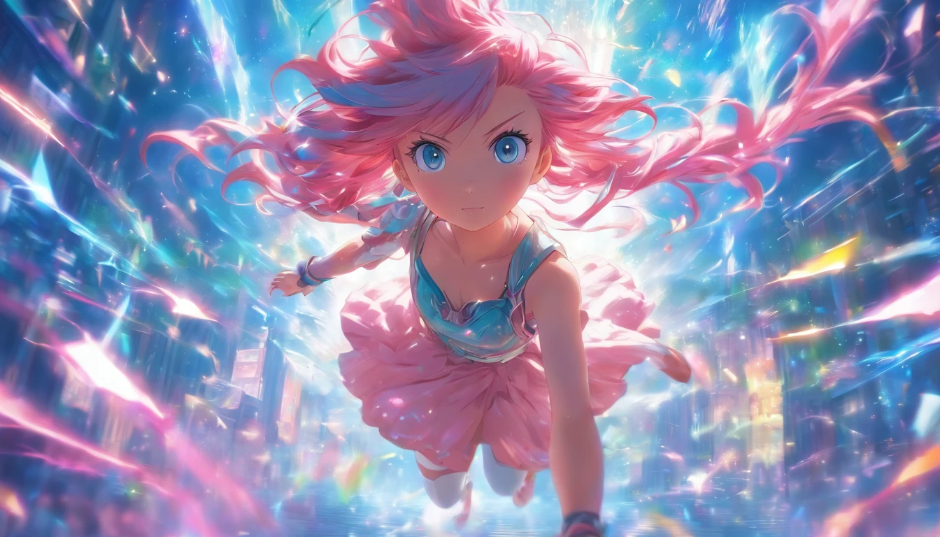 foreshortening,  depth of fields, Master parts, Best quality, 1girll, Pink hair, teal eyes,  medium hair, floatking,Pink rays, soio, looki at viewer,pinkdress, flight,  Dim sunlight,