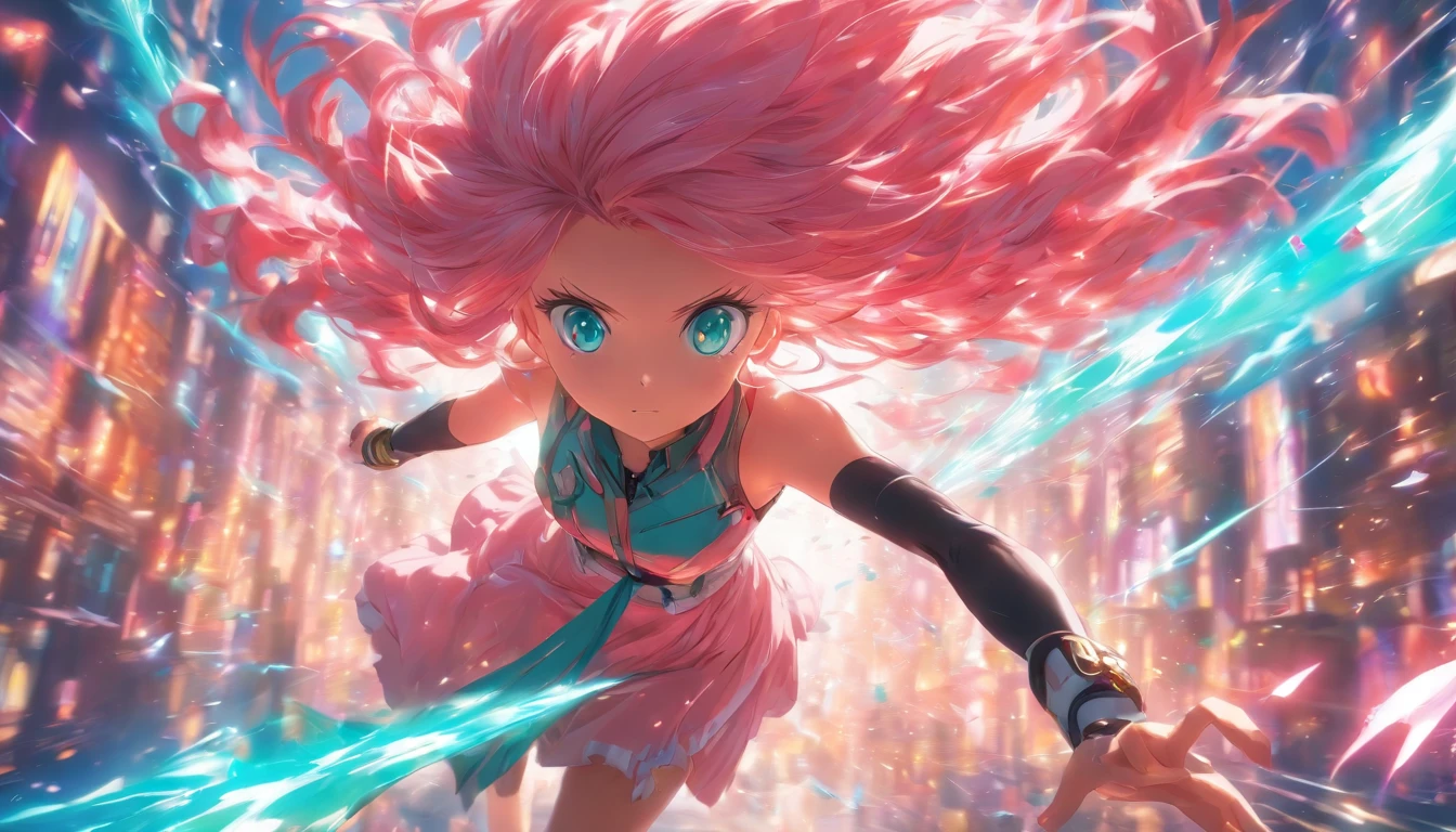 foreshortening,  depth of fields, Master parts, Best quality, 1girll, Pink hair, teal eyes,  medium hair, floatking,Pink rays, soio, looki at viewer,pinkdress, flight,  Dim sunlight,