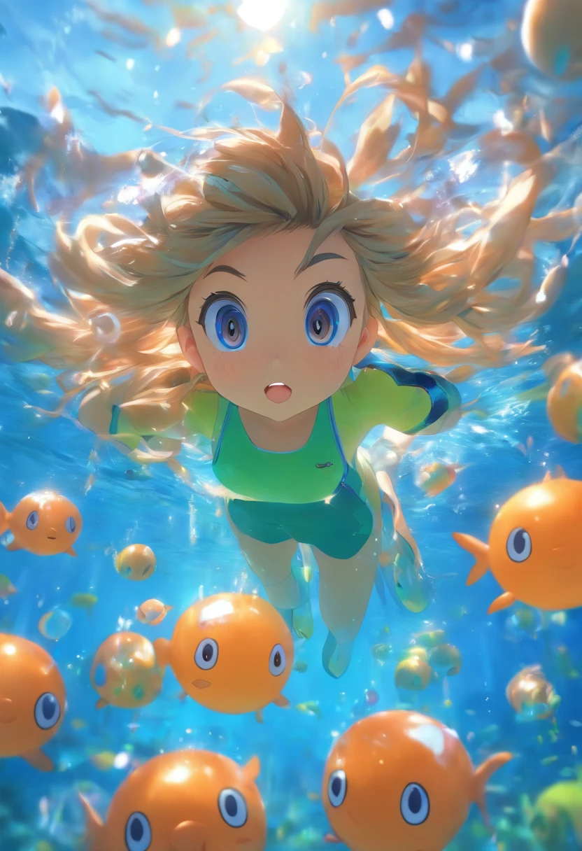 foreshortening,  Depth of field, Masterpiece, Best quality, 1 girl underwater, airbubble, Solo, view the viewer, Olive fruit mascot doll