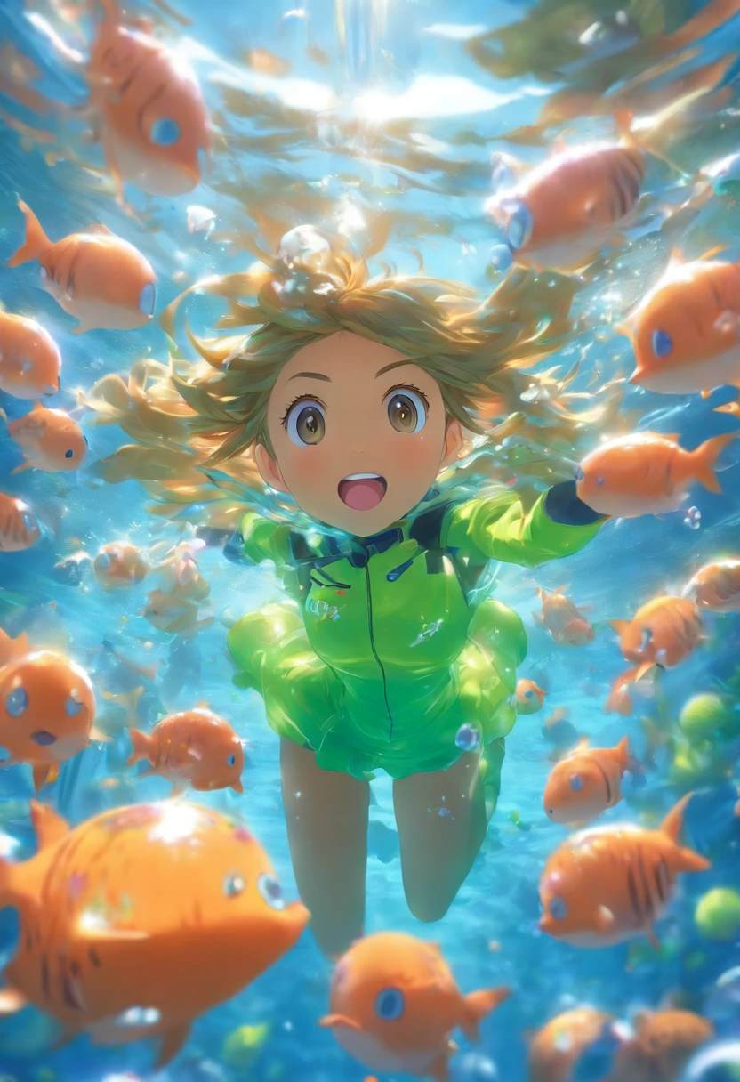 foreshortening, Depth of field, Masterpiece, Best quality, 1 girl underwater, airbubble, Solo, view the viewer, Olive fruit mascot doll