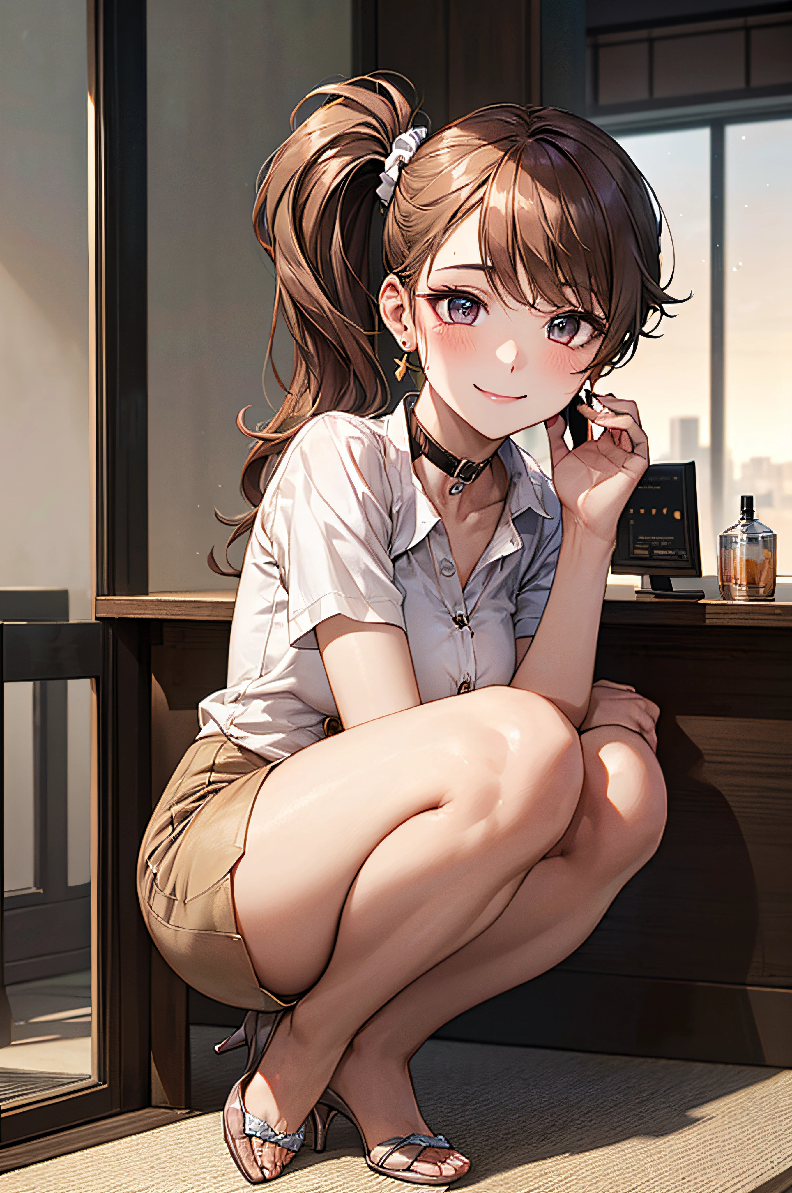 1 persons, japanes, 20 years old, (Detailed shiny skin:1.1), Watching the view, (Smile:1.5), Natural Makeup
Beautiful hair, Beautiful face, Beautiful detailed eyes, (Long hair:1.4, Side Ponytail:1.7), lightbrown hair, (Large breasts:0.7),
Beautiful collarbone, Beautiful body, Beautiful chest, beautiful thigh, Beautiful legs, beautiful detailed fingers, Five Fingers, ,Colossal tits, Barefoot,
( Short-sleeved white shirt with collar and buttons, (Light Bull Shirt:1.4, Tight mini skirt:1.4, high-heels), Extremely sexy, Seductive thighs, Camel toe)), open one's legs、pink panties、Overlooking、embarrassed、Kamimei
(Beautiful scenery), receptionist, department store, Service Counter, Squatting, Spread legs, object insertion, Vibrator, Female masturbation,
(8K, top-quality, masterpiece:1.2, Extremely detailed), (Photorealistic), Beautiful illustration, Full body,