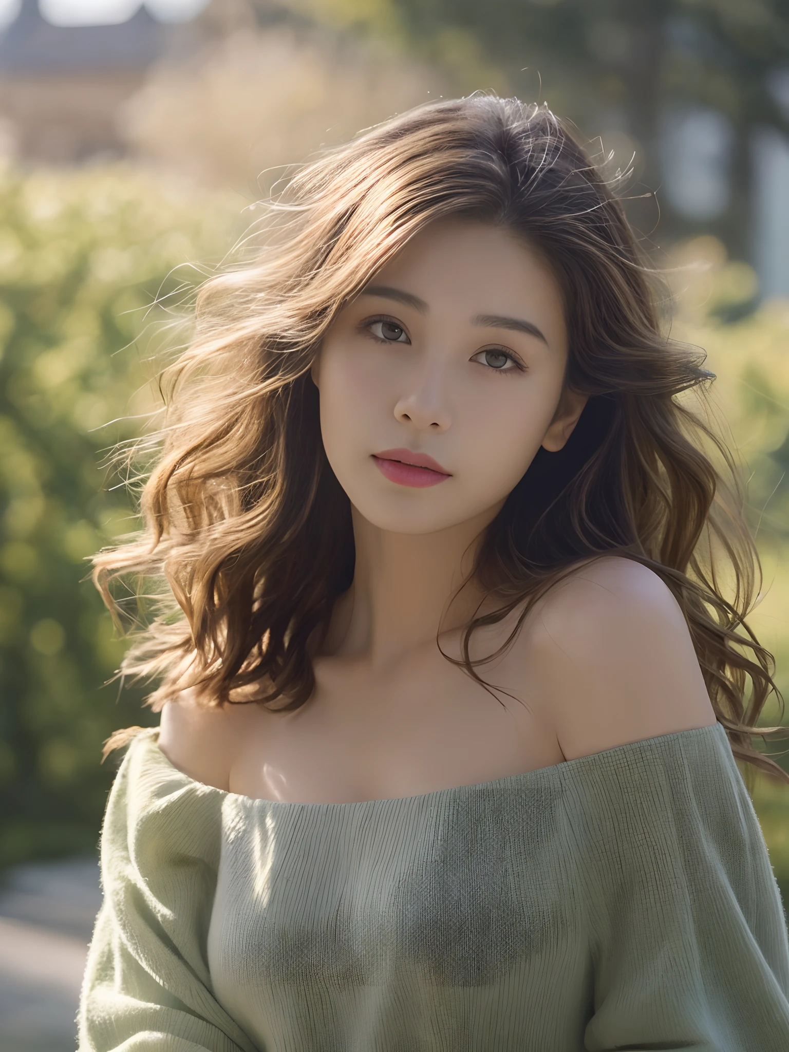 top-quality、masterpiece、超A high resolution、(Photorealsitic:1.5)、Raw foto、1girl in、off shoulders、murky、deep-shadows、Unobtrusive、cold light、sexy appearance、Brown Highlight Hair、shorth hair、waved hair、Slimed、A slender、small tits