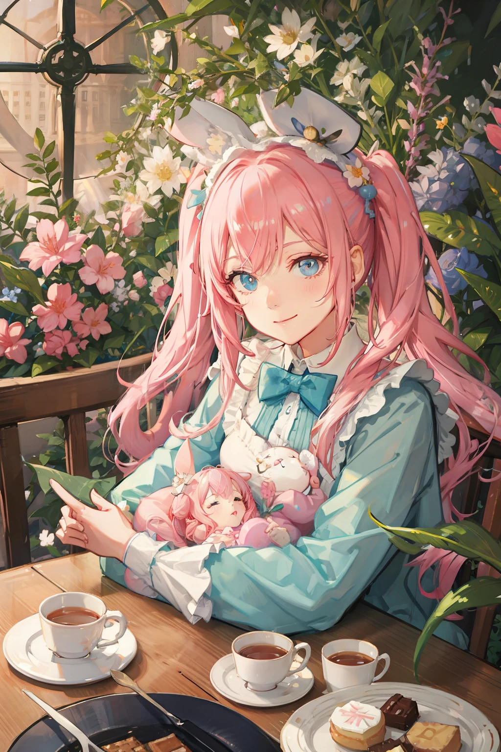 (Cute illustration:1.5),Peter Rabbit Rabbit , Garden party surrounded by flowers , Cute smiling girl, With twin tails、Hair color is pink , Blue pastel color outfit、Peter Rabbit is holding a , tea parties, a cake、 macaroons、donut、cookies、black tea、cute little、Cute 、Dolce、fluffly、Dolce、Pale shades